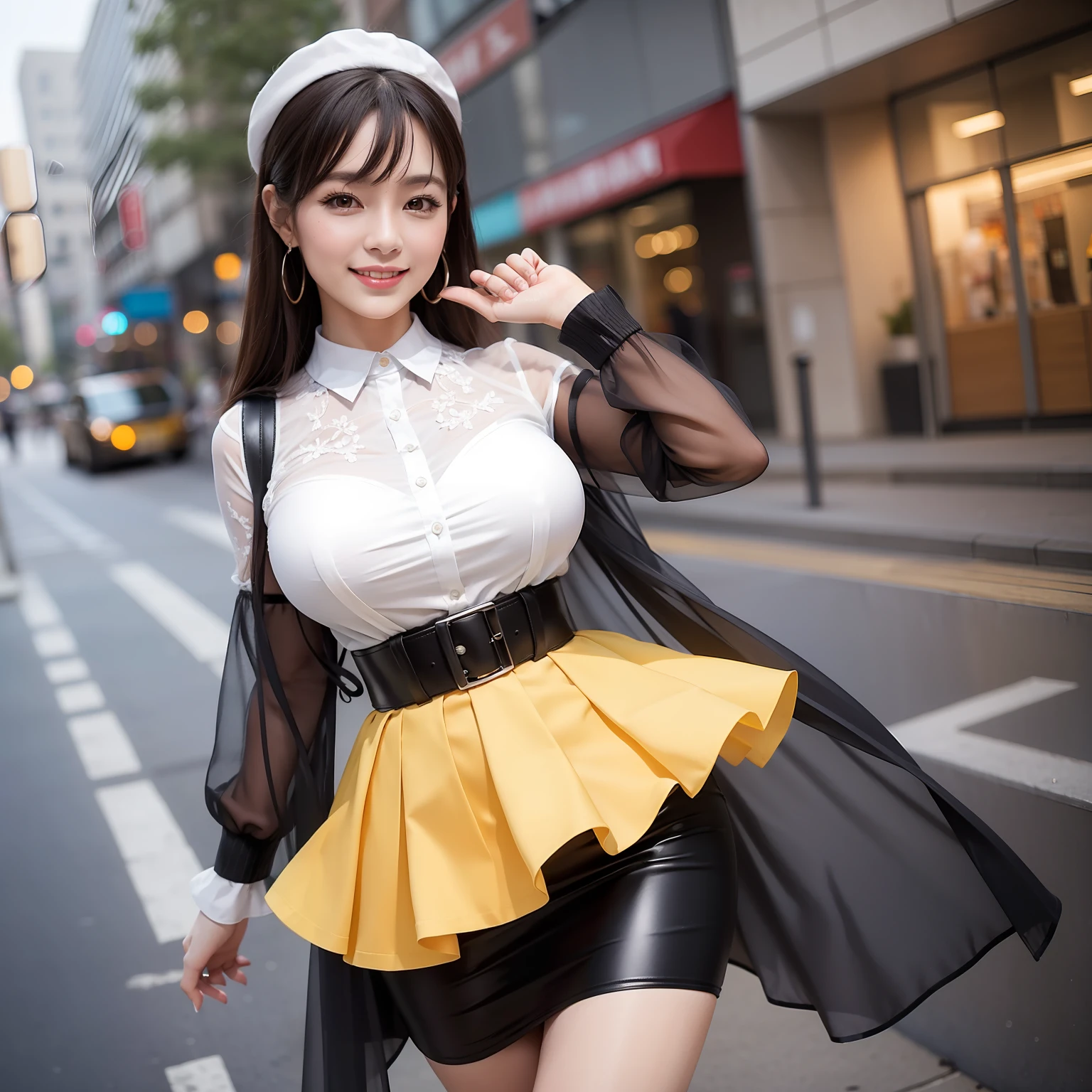Top image quality、hight resolution、A detailed face、Beautiful Women in Perfect Style、affectionate smile、pleatedskirt、tight skirts、a miniskirt、falda corta、big breasts thin waist、slim legs