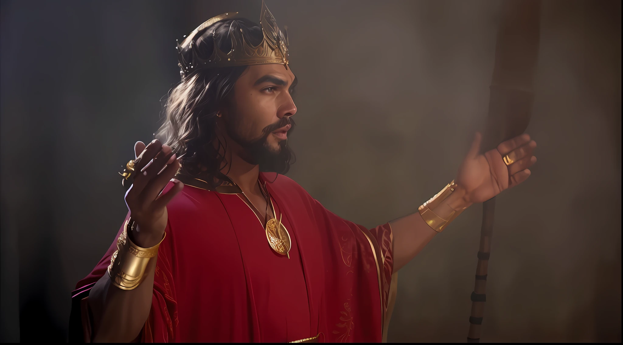 Man in red bathrobe with a crown on his head, jason momoa as assyrian, ainda de um filme de fantasia, biblical epic movie, vestido como imperador, Ainda de Rainbow Ophanim, celebrando um rei sendo coroado, segurando um cetro, Rei dos Reis, Daniel, segurando seu tridente, dressed as an oracle, biblical clothing