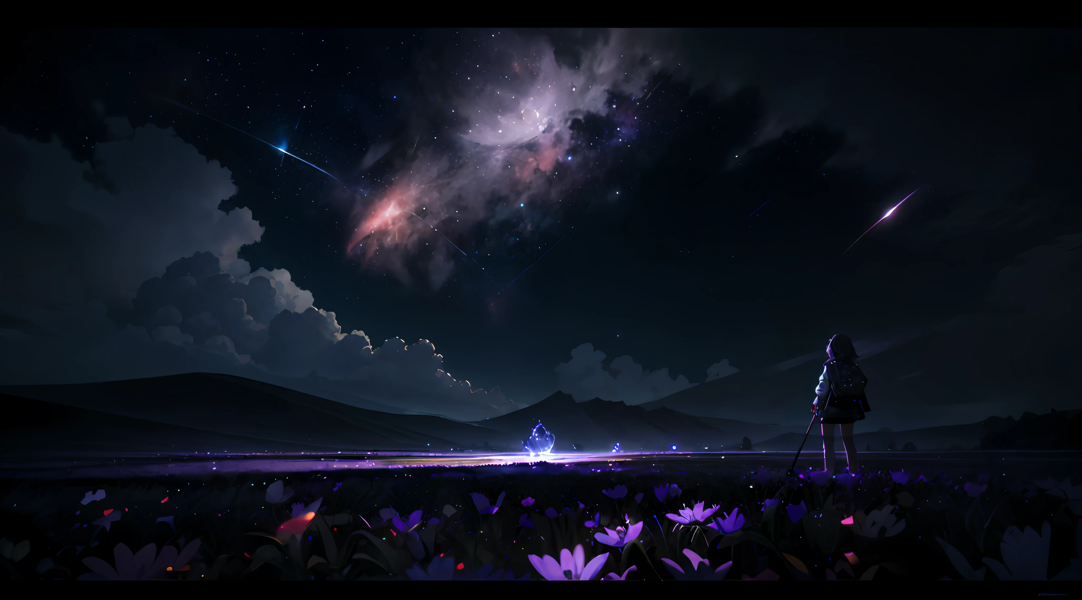 expansive landscape photograph , (a view from below that shows sky above and open field below), a girl standing on flower field looking up, (full moon:1.2), ( shooting stars:0.9), (nebula:1.3), distant mountain, tree BREAK
production art, (warm light source:1.2), (Firefly:1.2), lamp, lot of purple and orange, intricate details, volumetric lighting BREAK
(masterpiece:1.2), (best quality), 4k, ultra-detailed, (dynamic composition:1.4), highly detailed, colorful details,( iridescent colors:1.2), (glowing lighting, atmospheric lighting), dreamy, magical, (solo:1.2)