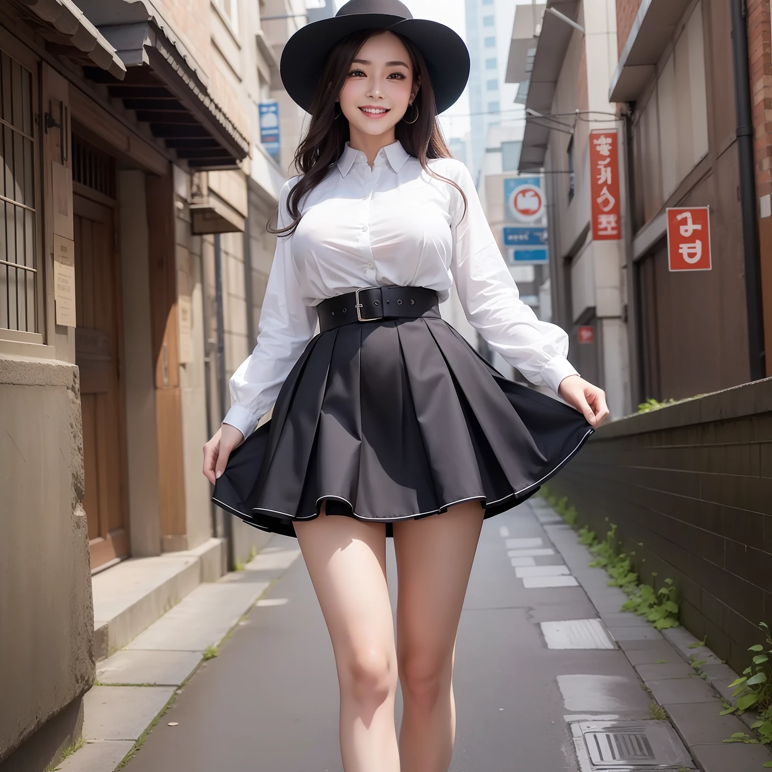 Top image quality、hight resolution、A detailed face、Beautiful Women in Perfect Style、affectionate smile、pleatedskirt、tight skirts、a miniskirt、falda corta、big breasts thin waist、slim legs