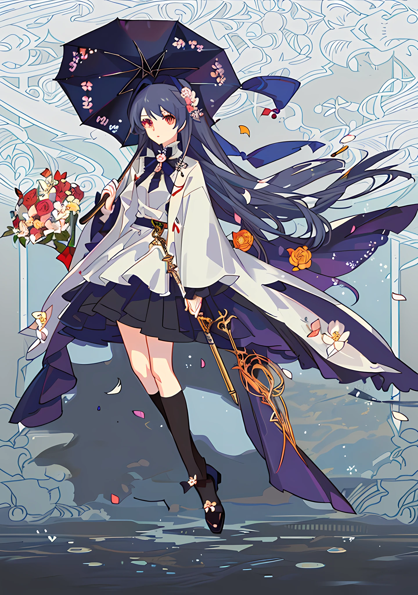 Anime girl wearing witch costume,Holding a white umbrella in a flower field, Beautiful flower field anime girl, in dress,, whaite hair,touhou project, Anime moe art style, scene : field ,Witches and staff