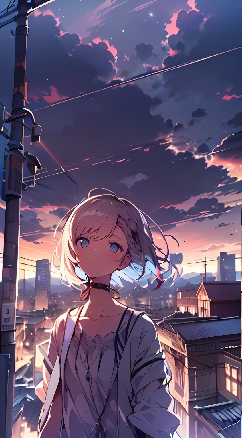 masutepiece, Best Quality,Illustration, Wallpaper, Ultra Detail, absurderes, 1loli, Solo, (Medium short hair、short braided hair), Beautiful detailed eyes , (Street), luminous sky,(a panoramic view:1.3),(Sense of depth:1.5)