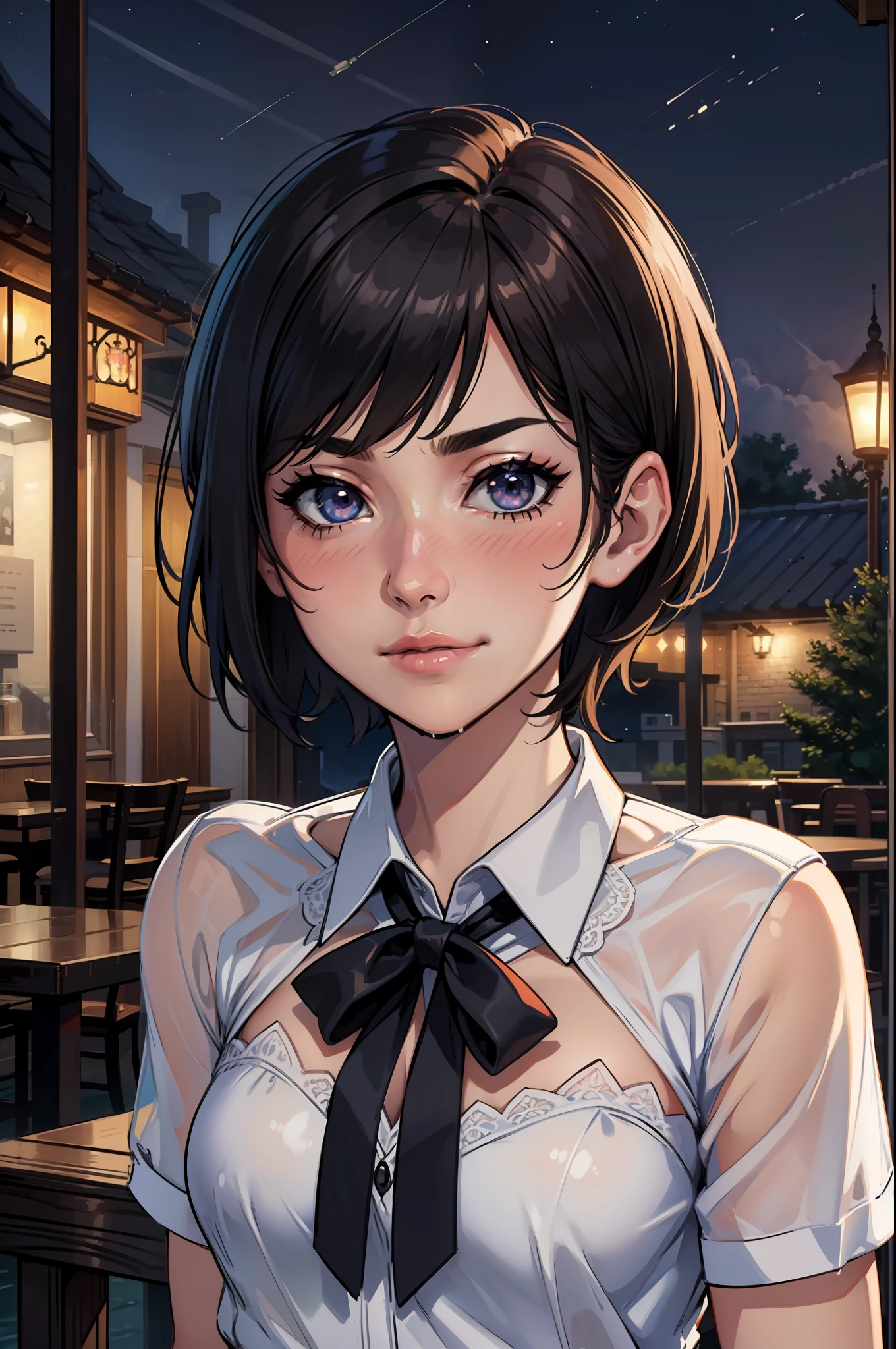 (8k, beste-Qualit, tmasterpiece: 1.2), (realisti, photo-realistic:1.37), Ultra-detailed, 1 girl, pretty, 独奏, beautiful detailed sky, detailed cafe, the night, seat, Date, (nose blush), (ssmile:1.15), (closed mouth) little chest, beautiful detail eyes, (shirt with collar:1.1), the night, Wet, Business attire, Sateen, white lace, (Short Hair Hair:1.2), floating hair NovaFrogStyle, topless,