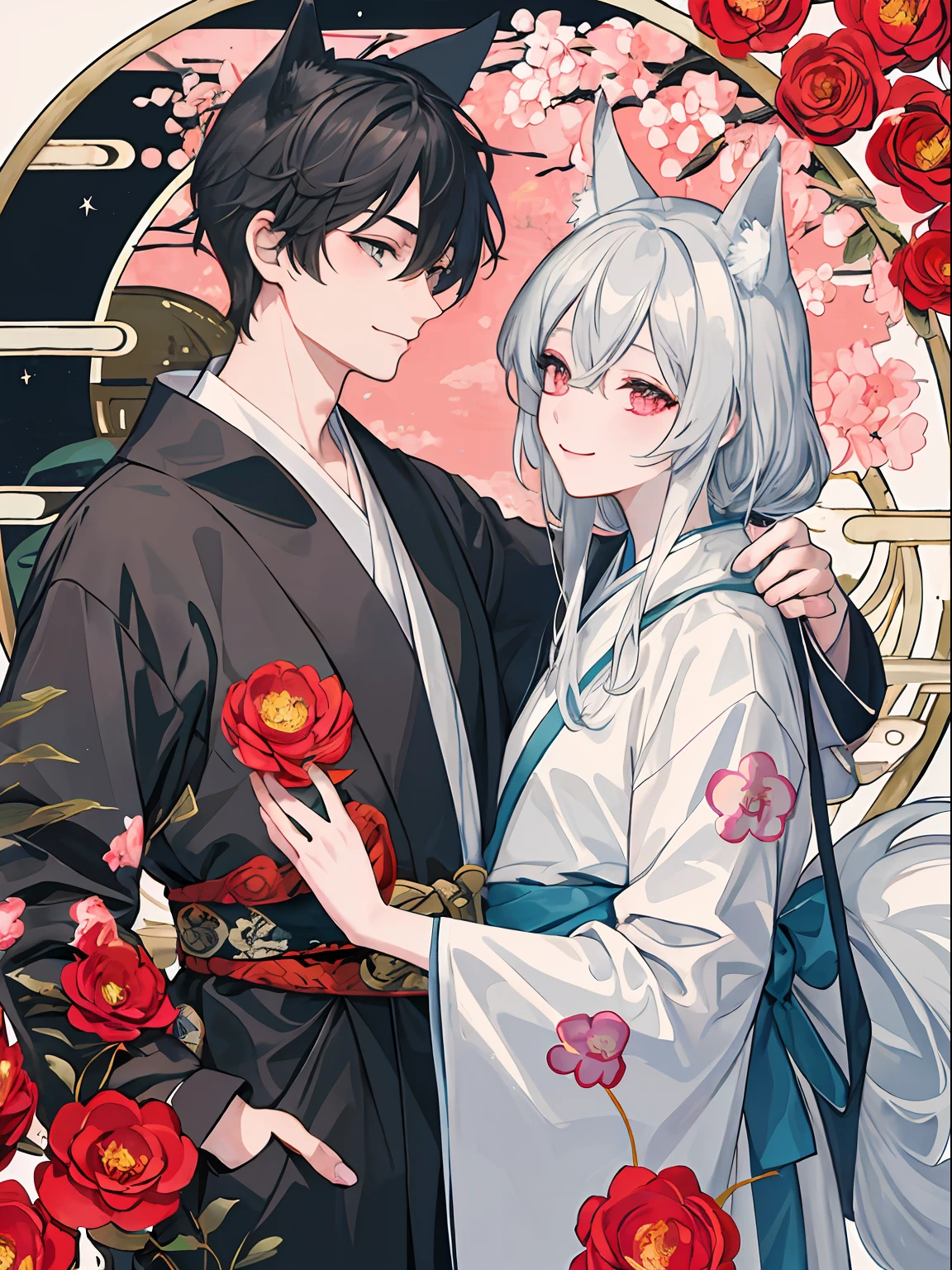 ((4K、​masterpiece、top-quality))、(Two men smiling face to face)、Gray-haired man with beautiful fox ears、Strong man with black hair with wolf ears、ink and watercolor painting、Traditional Chinese Ink Painting、lotuses、Hanfu、Maxi Kit、Dress conservatively、Animal ears,、bule、florals、Lots of flowers nearby、shenron、extra detailed face