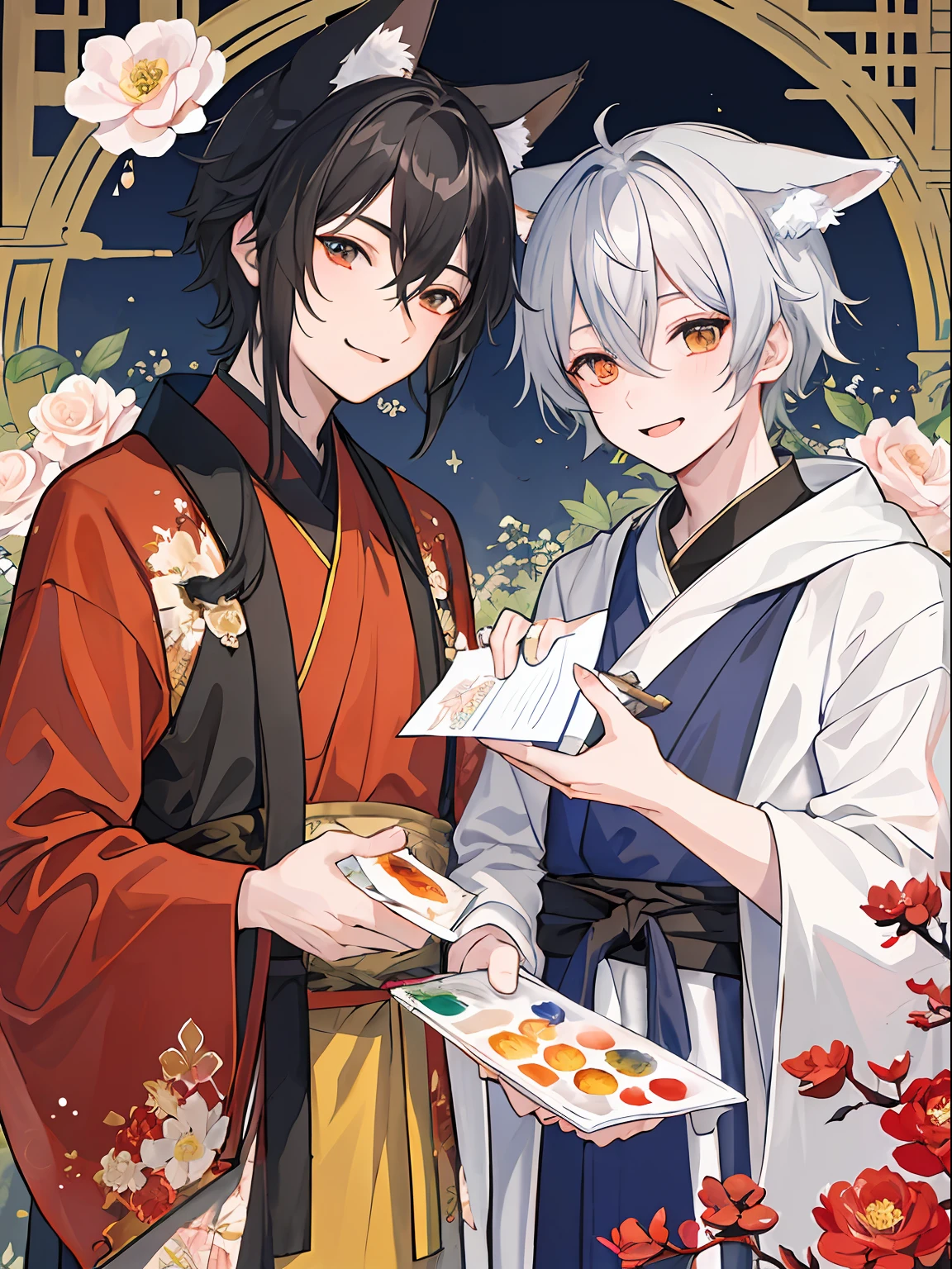 ((4K、masterpiece、top-quality))、(Two men smiling face to face)、Gray-haired man with beautiful fox ears、Strong man with black hair with wolf ears、ink and watercolor painting、Traditional Chinese Ink Painting、lotuses、Hanfu、Maxi Kit、Dress conservatively、Animal ears,、bule、florals、Lots of flowers nearby、shenron、extra detailed face