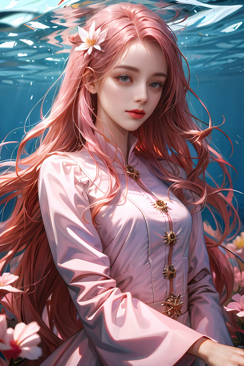 (absurdres, highres, ultra detailed), 1girl, solo, mature, (long pink hair), fanasy, dress, long sleeve, elegant, holy, colorful, highest detailed, underwater, floating hair, flower, arms behind back, upper body, dutch angle