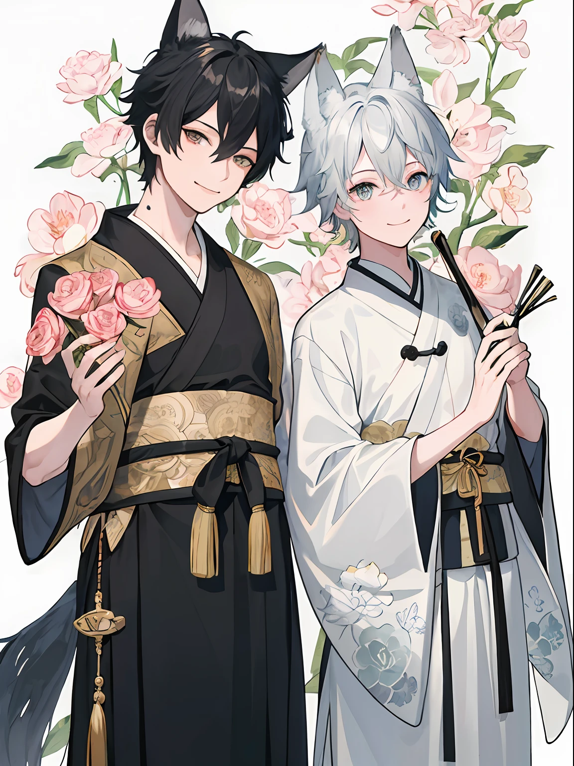 ((4K、masterpiece、top-quality))、(Two men smiling face to face)、Gray-haired man with beautiful fox ears、Strong man with black hair with wolf ears、ink and watercolor painting、Traditional Chinese Ink Painting、lotuses、Hanfu、Maxi Kit、Dress conservatively、Animal ears,、bule、florals、Lots of flowers nearby、shenron、extra detailed face