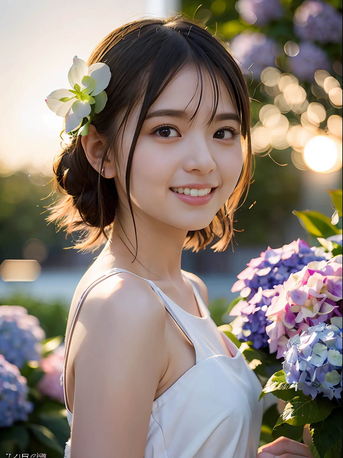 (((Full body photo)))), ((Single eyelid))),((Sunset backlight))),(Lens flare)),(Wearing china clothes)),(((Super Soft Focus)))))), smiling, (Profile))))), (Upward)), twilight, showering, Colorful hydrangea on background, surrounded by hydrangeas, ((soft sunset)), (yinchuan:1.5), masterpiece, best quality, raw photo, photorealistic, face, beautiful girl, cute, short hair, ((((depth of field)))), high resolution, ultra detail, fine detail, very detail, cinematic lighting