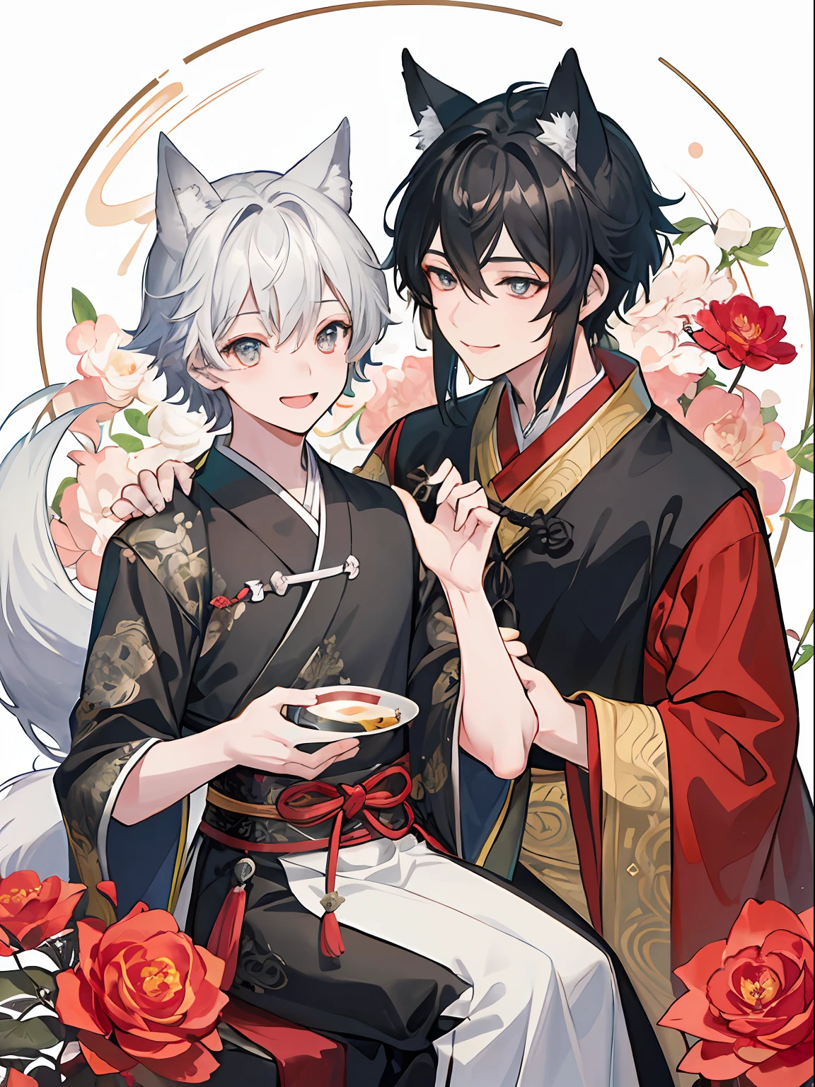((4K、masterpiece、top-quality))、(Two men smiling face to face)、Gray-haired man with beautiful fox ears、Strong man with black hair with wolf ears、ink and watercolor painting、Traditional Chinese Ink Painting、lotuses、Hanfu、Maxi Kit、Dress conservatively、Animal ears,、bule、florals、Lots of flowers nearby、shenron、extra detailed face