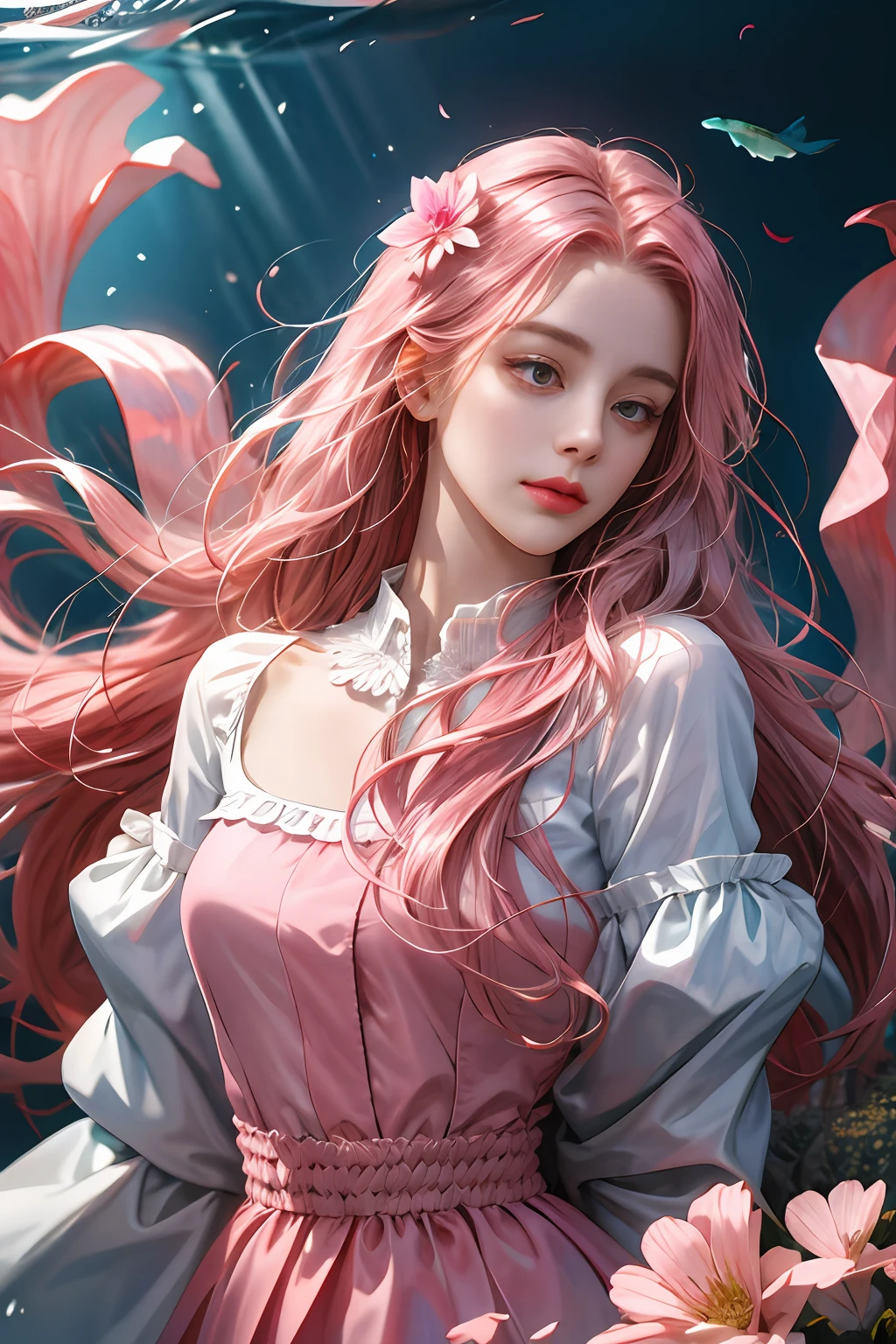 (absurdres, highres, ultra detailed), 1girl, solo, mature, (long pink hair), fanasy, dress, long sleeve, elegant, holy, colorful, highest detailed, underwater, floating hair, flower, arms behind back, upper body, dutch angle