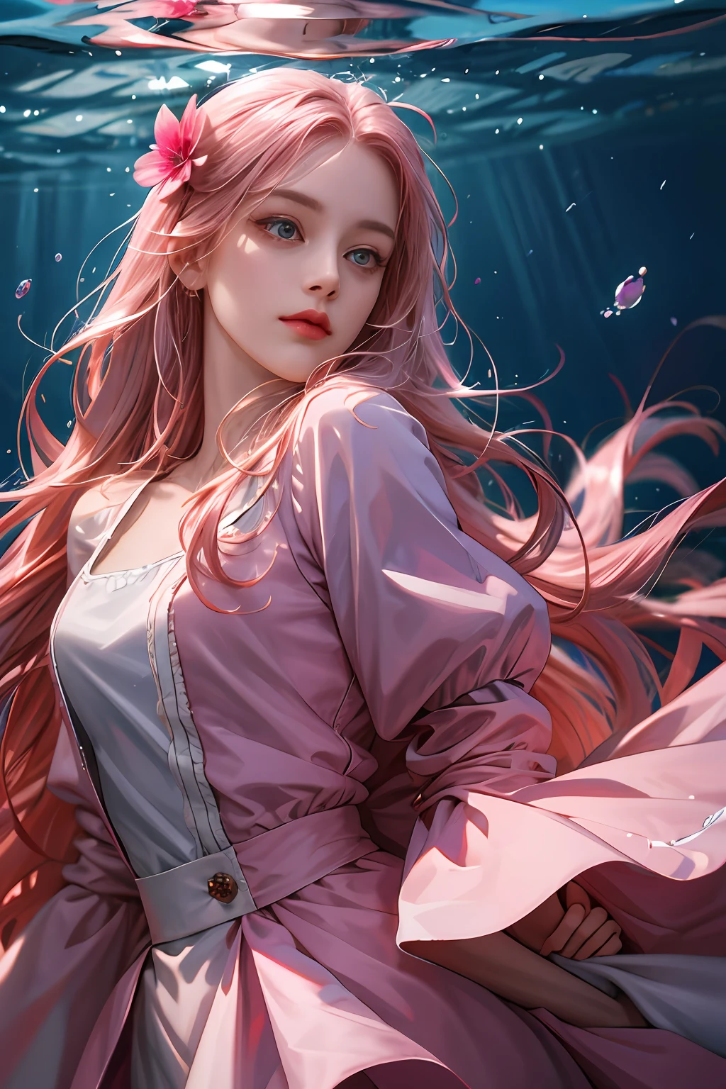 (absurdres, highres, ultra detailed), 1girl, solo, mature, (long pink hair), fanasy, dress, long sleeve, elegant, holy, colorful, highest detailed, underwater, floating hair, flower, arms behind back, upper body, dutch angle