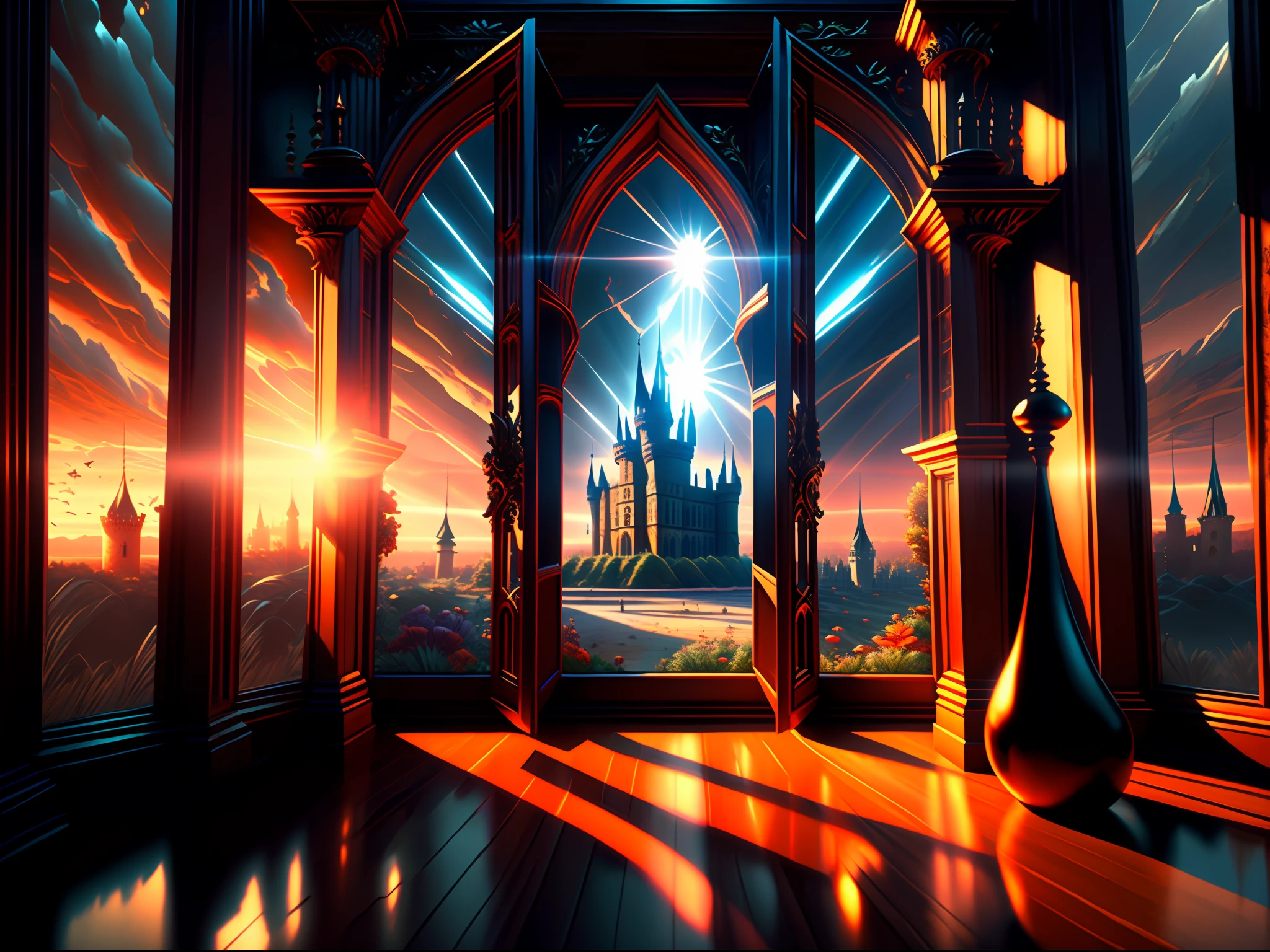 (majestic Sprawling Library With Wall-To-Ceiling Ornate Bookshelves), (((open window facing distant grand castle))), Sun Rays From Windows, Varied Books, by alphonse mucha, octane render, rich Color, Masterpiece, colorful, award-winning photography, sharp focus, Extreme Detail, Hyperrealistic, 8k uhd, photorealistic, Exquisite Detail, Detailed Full-Color, ((cinematic Lighting)), artistic Composition, trending on artstation
