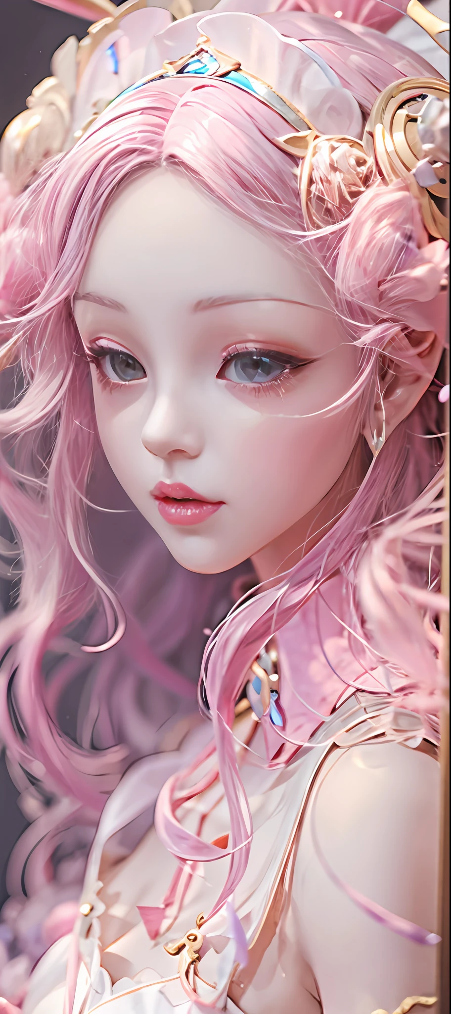 Crystal statue of a playful maid with long rabbit ears,Pink Long Hair,whiteapron,amazing body,pronounced feminine features,plumw,Delicate skin