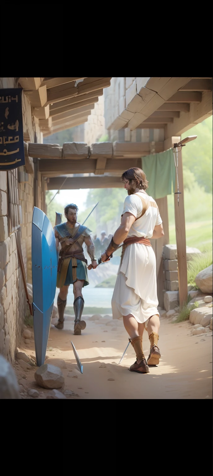 David and Goliath Bible story, David using slingshot and Goliath using sword and shield, Ancient Israel time