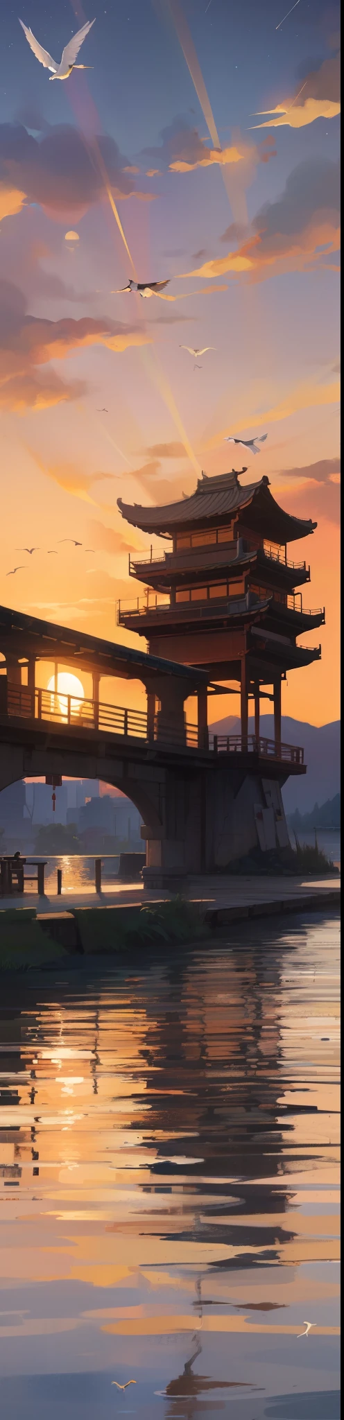 (The sunset flies with the egrets,Bird shadow on the horizon:1.35),Ancient Chinese architectural complex,The autumn sunset glows The river grows the same color as the sky,Clear water,Water surface reflection,Starry sky,Sunset glow,(Highly detailed), ((Masterpiece)),(impasto),Original, extremelydetailedwallpaper, Intricate, Digital painting,black shadows ,Landscapes , fantasy,Chinese city,(jetty:1.3),(Lake:1.3),