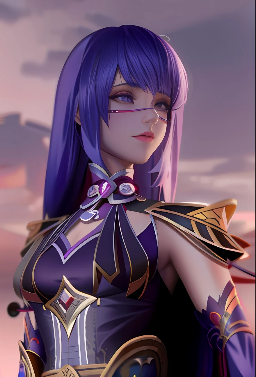 one-girl, Gorgeous Hair in Long Purple，Purple pupils，long eyelasher，The eyes are meticulous，Coordination of the five senses，veils，cinematric light，Image quality restoration，There is a headdress，Long purple eyelashes，Purple skirt,Shoulders exposed，anime cgi, Saint-Tsaire，8K，k hd，meticuloso，Meticulous facial features，Shinto Throne，Ultra-clear image quality