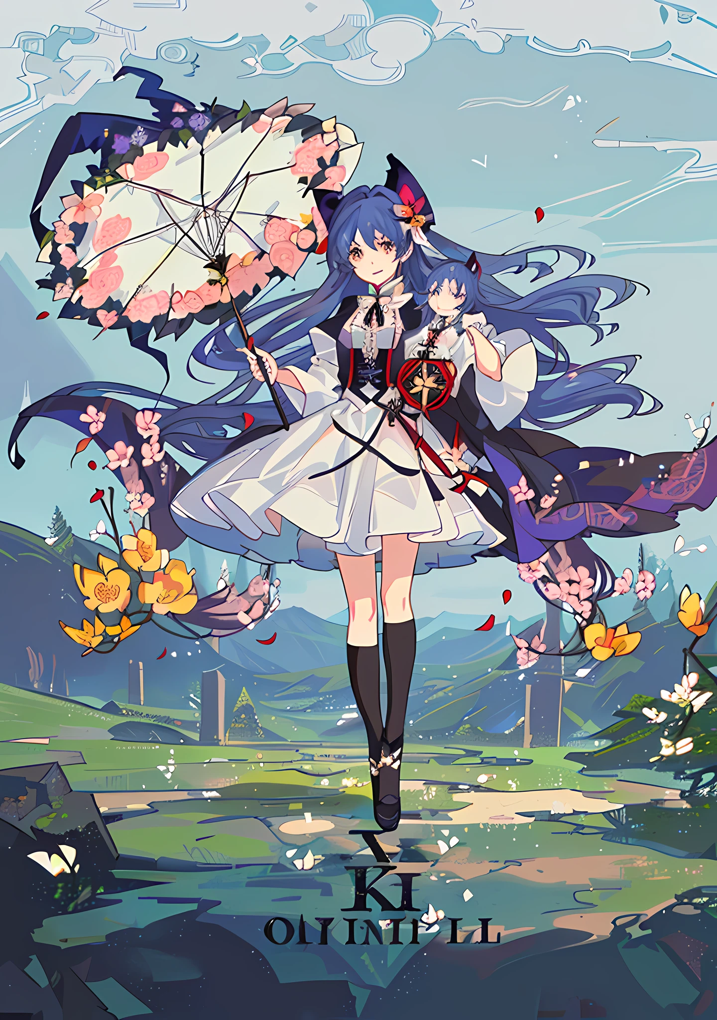 Anime girl wearing witch costume，Holding a white umbrella in a flower field, Beautiful flower field anime girl, loli in dress,, whaite hair，touhou project, Anime moe art style, scene : field ,Witches and staff