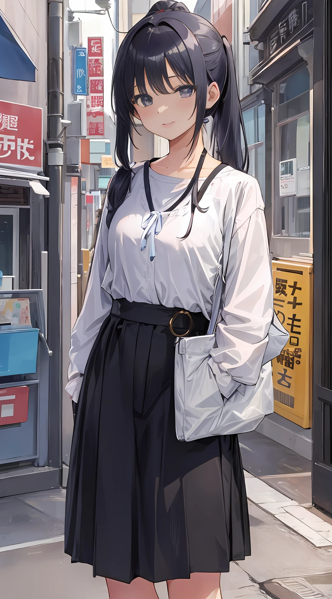 scinematic angle、poneyTail、Cute clothes、In the street、bright expression、Pose Seductive