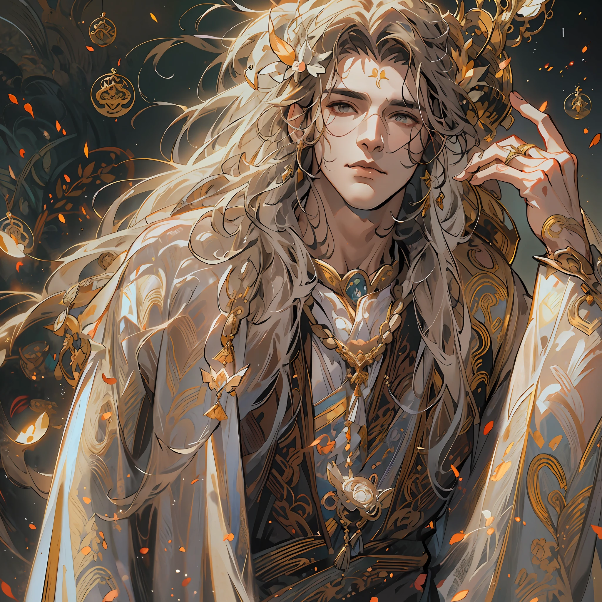 1boy ，Ancient fairy costumes，with brown eye ，Long flowing hair，Handsome face，Cool，Cold，Semi-realistic,Meticulous facial features,Wearing exquisite fairy costumes,NSFW,tmasterpiece,Need,super-fine,best qualtiy，Unreal 5，rendering by octane