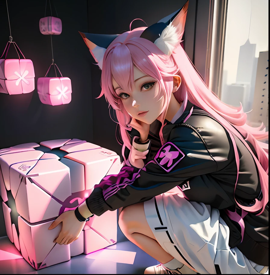 Cartoon picture of a woman in a box with pink hair, 3D anime, 3 d animesexy, white fox anime, at pixiv, anime 3 d art, cel shaded anime, Pisif 3DCG, Pisif, Hypercube, cube, An anime cover, cubes, cube portals, the anime girl is crouching, fubuki