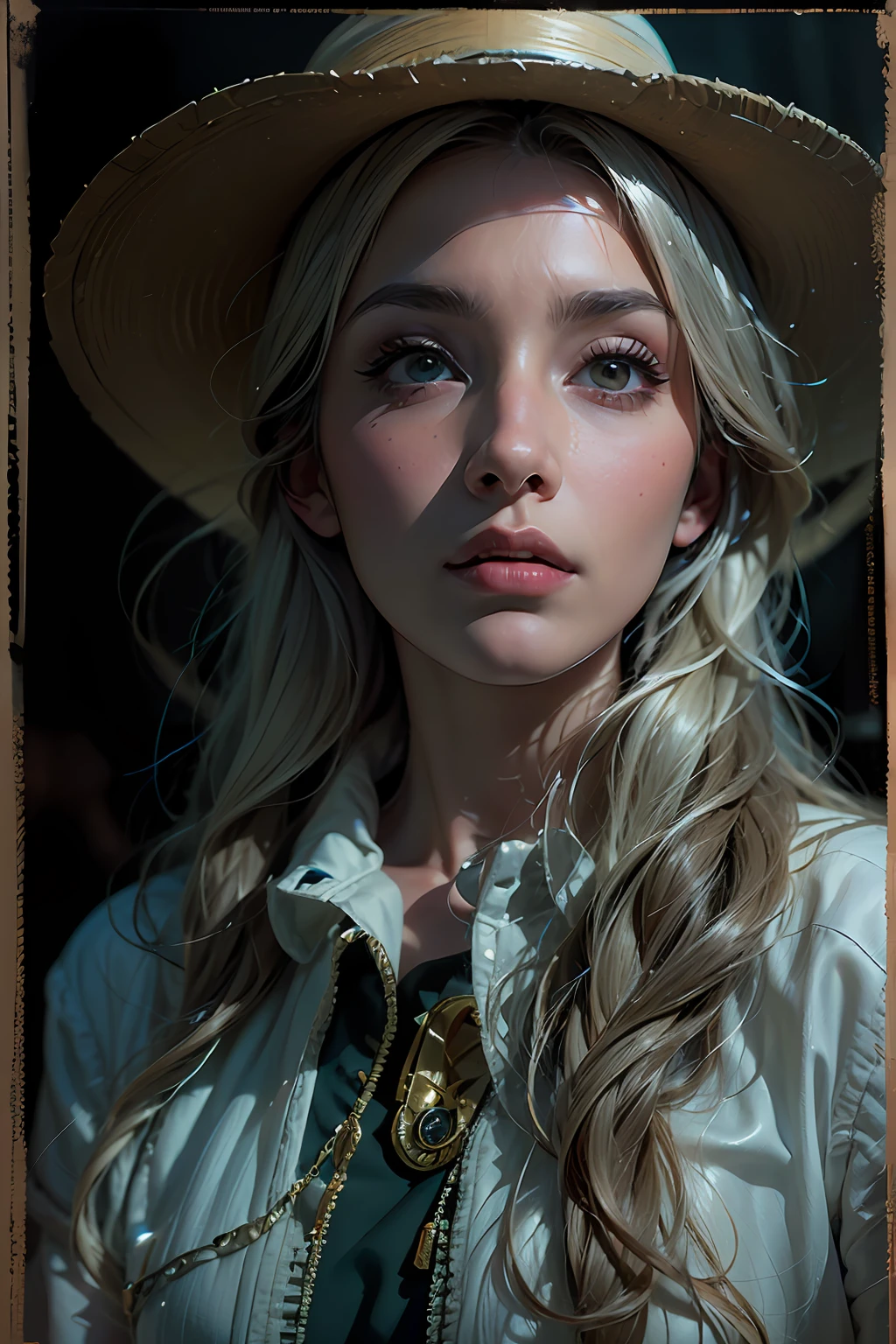 (front focus),(in the dark:1.6), Hyperrealist portrait of female by david hockney and alphonse mucha,fantasy art, photo realistic, dynamic lighting, artstation, poster, volumetric lighting, very detailed faces, 4 k, award winning,, 1girl, in the dark, deep shadow, low key,cowboy shot,(official clothing:1.4) ,long hair,white hair,