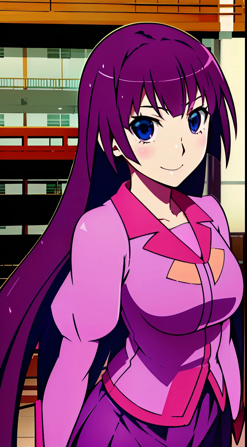 1girl in, senjougahara hitagi, 独奏,  blue eyess, juliet sleeves, student clothes, Purple hair, The shirt,   Super long hair, Purple skirt, ,Bicycle parking、early evening、The upper part of the body、A smile、(The upper part of the body:1.4)