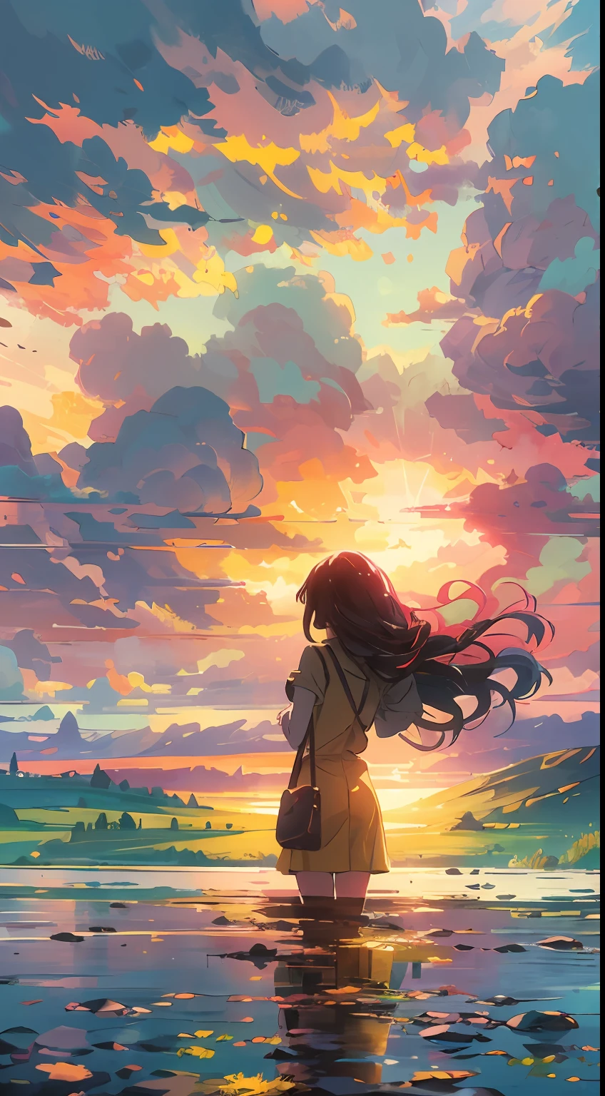 "A mesmerizing scene of sunset, a girl looking at it, from behind, (girl focus0.6), bathed in the golden hues of sunlight and cloud, emanating a vibrant and awe-inspiring spectrum. Masterpiece."