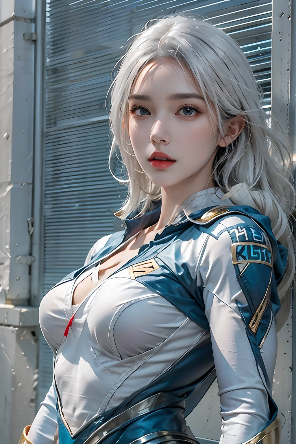 photorealistic, high resolution, 1women, solo, hips up, look at viewer, (detailed face), white hair, supergirl blue suit, full siut, fitness body, jewelry