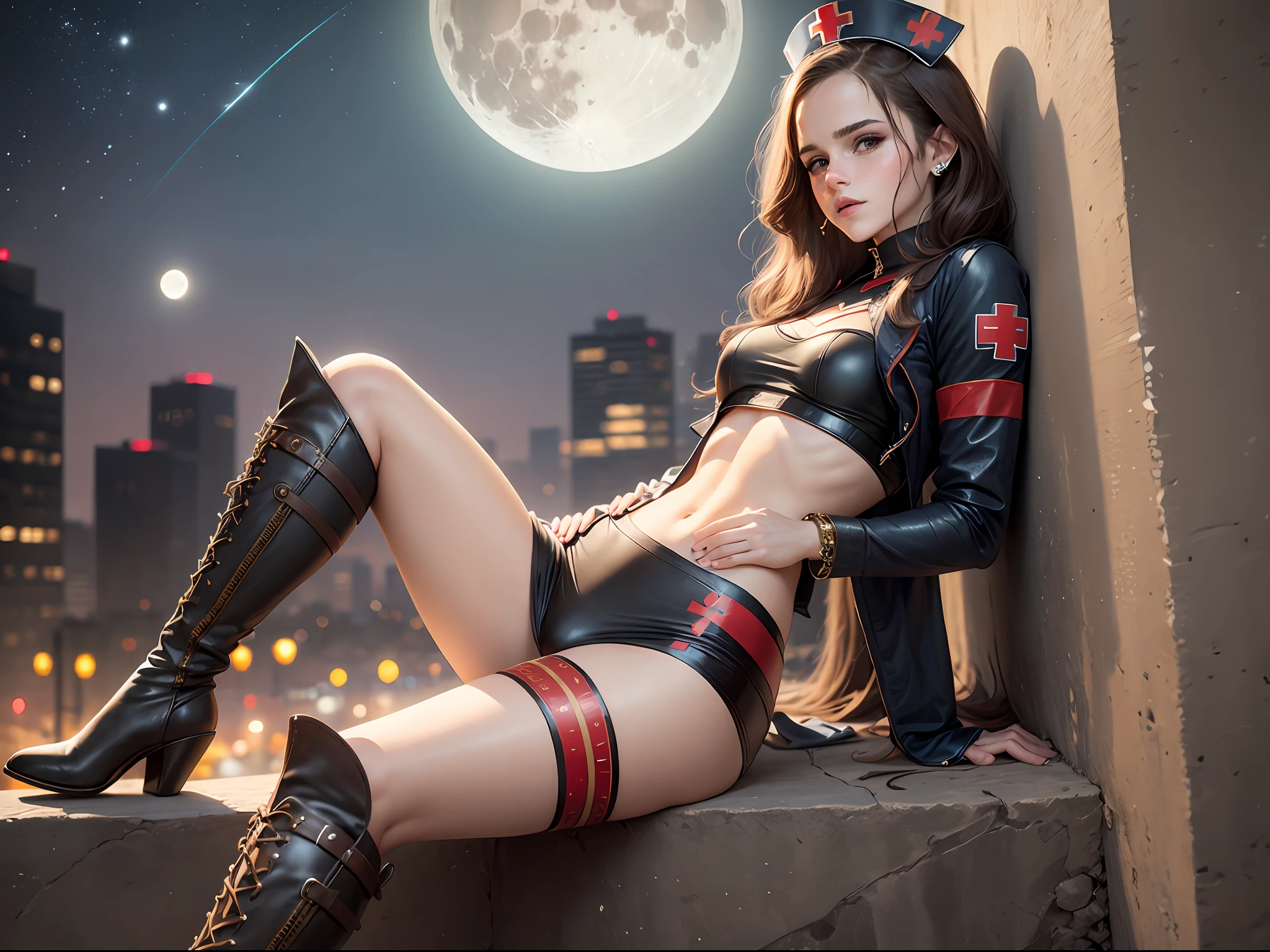 masterpiece. Teen emma watson dressed as a sexy nurse. Detailed tight costume. crop top. Defined body. Slender. Small breasts. background moon. night. long hair. leaning on a wall that has intricate carvings and jewels. boots.