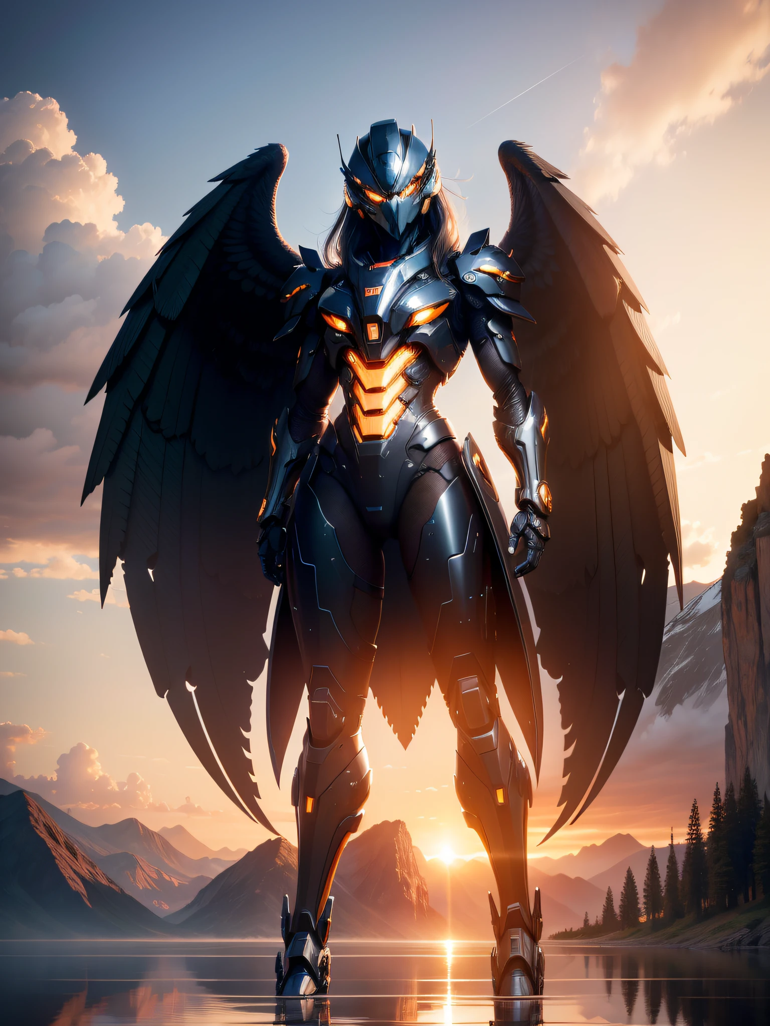 A cybernetic Araped bird in power armor flies in the sky, flying through sunset, very beautiful photograph of, at a beautiful sunset, Mecha birds fly in the sky, A lake surrounded by mountains, There are some reeds in front of the camera, amazing shot, beautiful and spectacular dusk, in a golden sunset sky, In the sunset, late sunset, The mountains are reflected in the water, Beautiful photo, award - winning shot, award-winning shot, (realisticlying:1.5), (realisticlying:1.2), A detailed, rendering, Epic, Biomechanical Arafeld bird, shelmet, A pair of huge mech wings, white plastic, diffuselighting, dynamicposes, 复杂, ellegance, (Dynamic background), highly detailed, ellegance, Sharp focus, photography of:greg rutkovsky, gentlesoftlighting, Vivid colors at sunset, Sunset photo, hyper HD, A high resolution, Award-Awarded, hyper HD, A high resolution, Award-Awarded, Masterpiece, ccurate, Super detail, Best quality, 8K, 16k, Masterpiece, ccurate, Super detail, Best quality, 8K, 16k, hyper HD, Masterpiece, ccurate, Super detail, Best quality, A high resolution, Award-Awarded, 8K, Yes, 16k