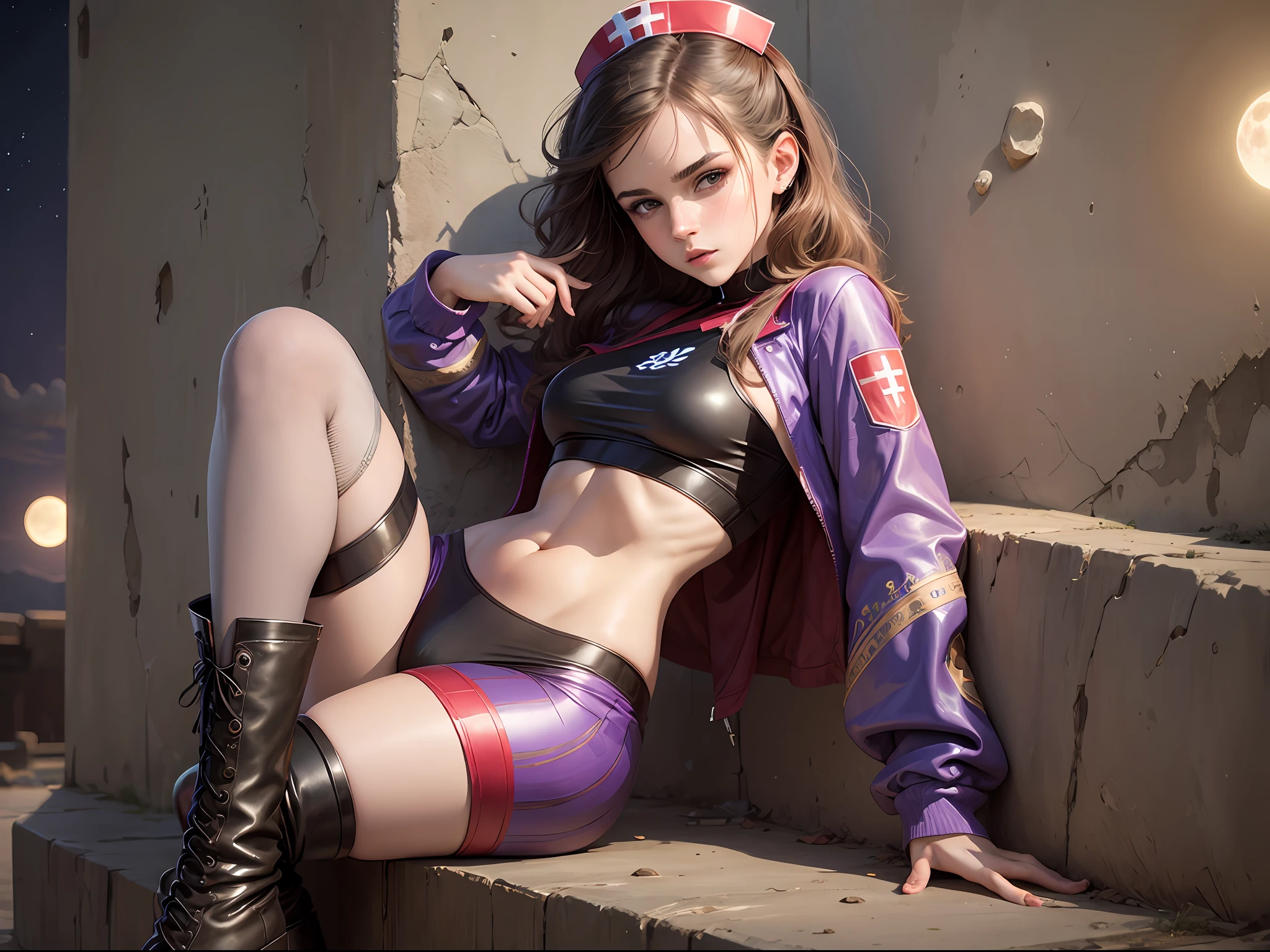 masterpiece. emma watson dressed as a sexy nurse. Detailed tight costume. crop top. Defined body. Slender. Small breasts. background moon. night. long hair. leaning on a wall that has intricate carvings and jewels. boots.