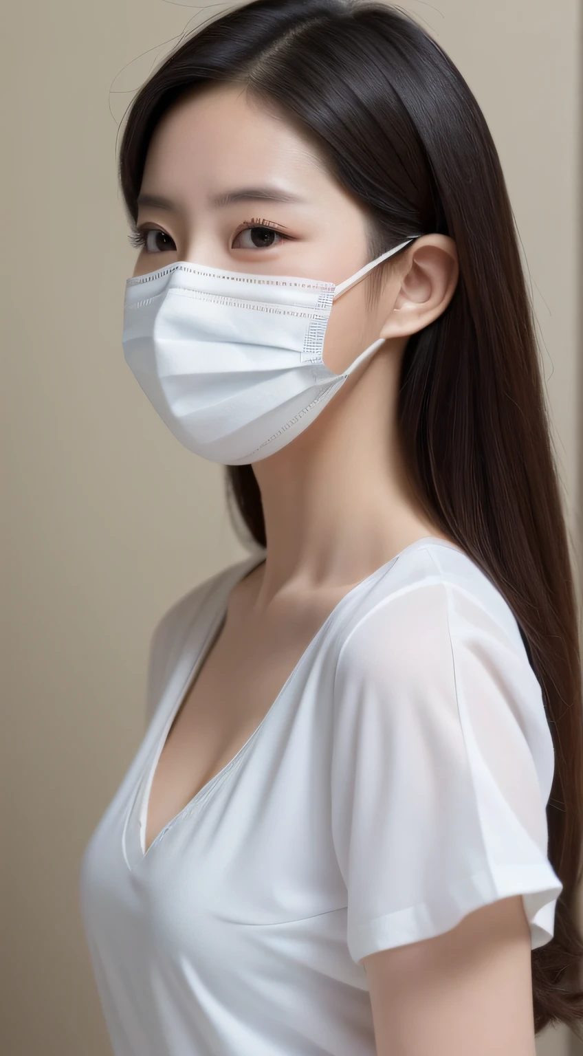 closeup cleavage,Close-up,nurses,hospitals,big hall,wearing face mask:1.5,nurse costume,((best qualtiy, 8K, tmasterpiece:1.3)), Sharp:1.2, perfect figure beautiful woman:1.4, Slim abs:1.2, ((Layered Hair Style, :1.2)), (White Button Short Sleeve Shirt:1.1),(the street:1.2),highly-detailed face,Wear a white mask,and skin texture,A detailed eye,二重まぶた,