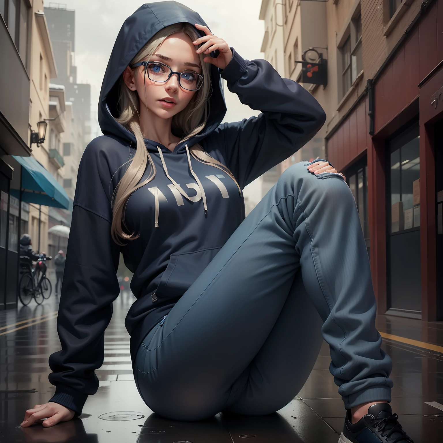 1 girl, blue eyes, glasses, mature face, dark blue hoody, mouth open, knee pants, bluesea hair, outdoor, rainy day, realistic, ultra detailing