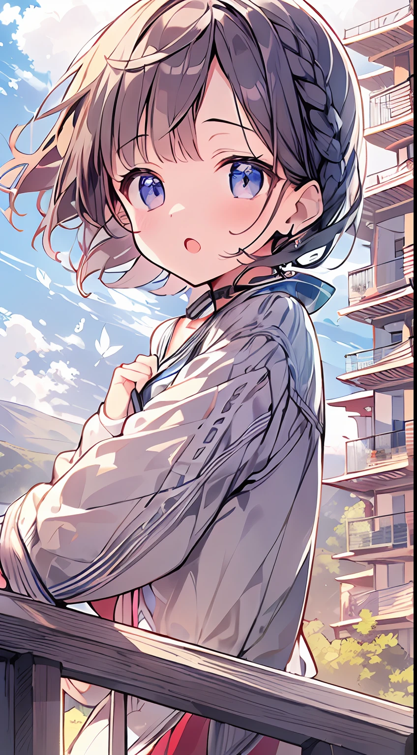 masutepiece, Best Quality,Illustration, Wallpaper, Ultra Detail, absurderes, 1little girl、 Solo, (Medium short hair、short braided hair), Beautiful ultra-detailed eyes , Hair fluttering in the wind、:o、 Beautiful sky、(a panoramic view:1.5)