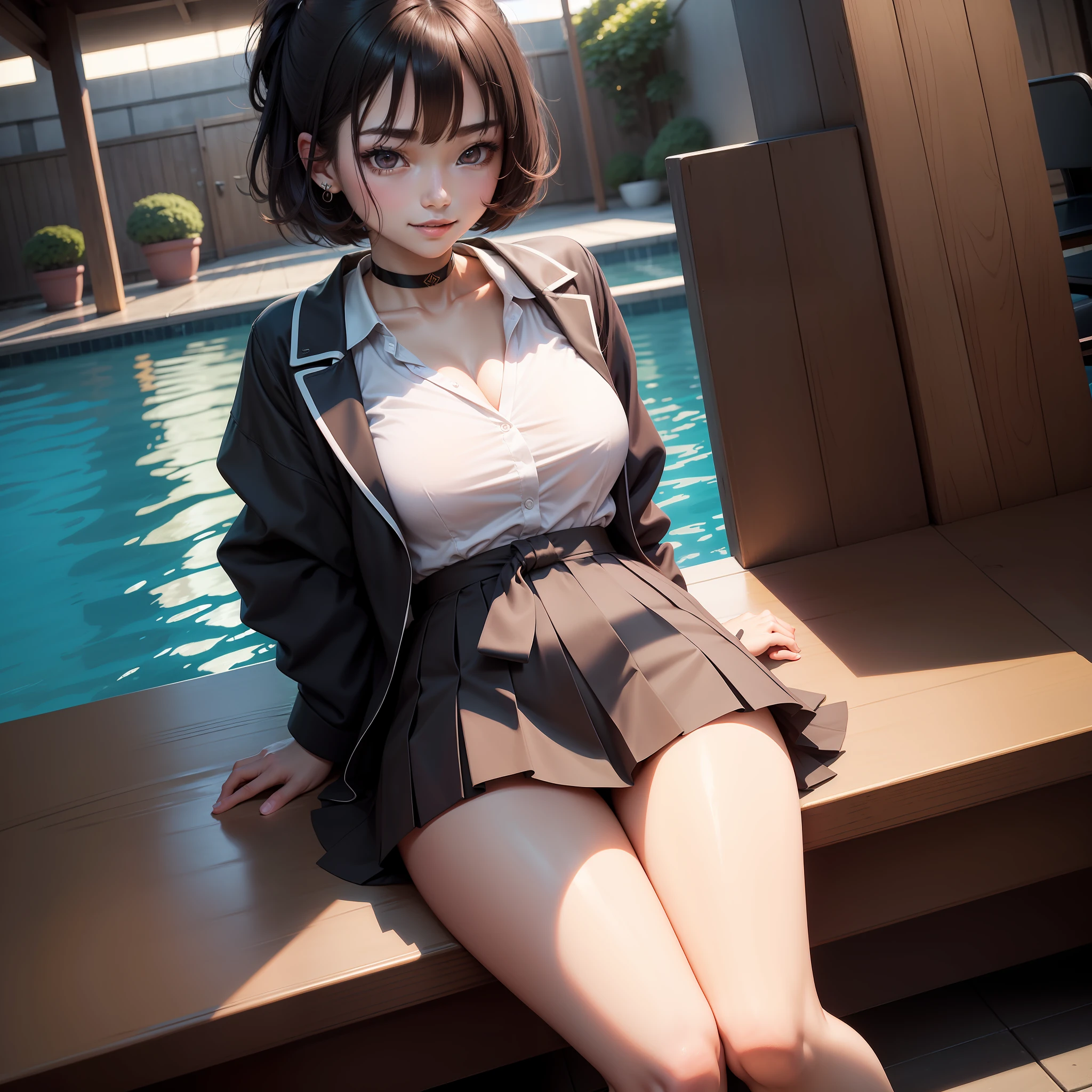 Korean school uniform, School Uniform Shirts, ribbon, Skirt, Bright brown hair, night school poolside, night poolside bench, Dark atmosphere, 8K raw photos, high resolution, 17 years old cute Japan, very large round breasts, beautiful eyes in detail, Long eyelashes, beautiful double eyelid, slit eyes, Elongated eye shape, Sanpaku eyes, duck mouth, Evil smile, Evil expression, Beautiful and very thin legs, Beautiful and very thin thighs, Random short hair, Hair tied behind the head, Earrings, choker necklace,