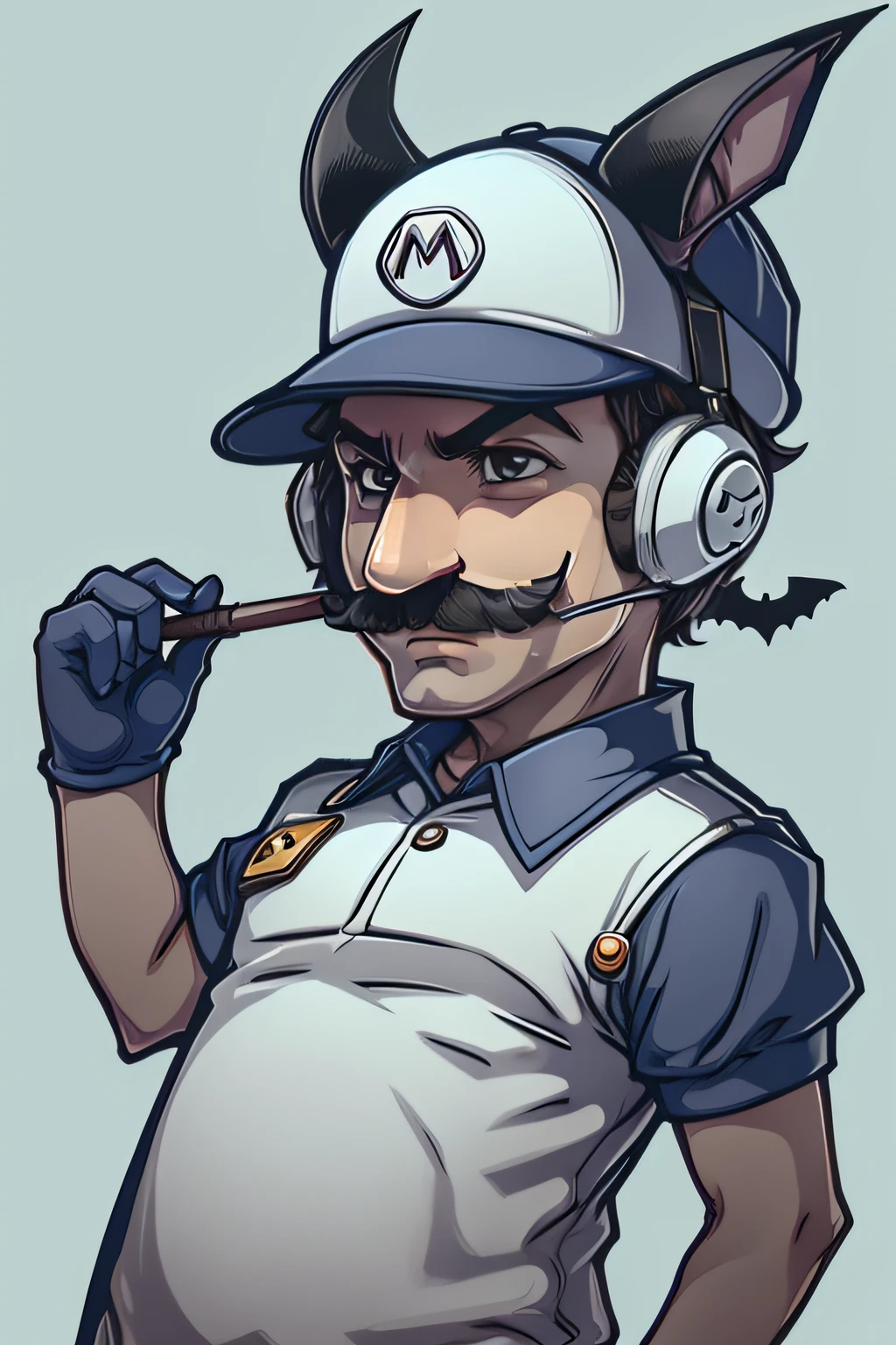 super mario, fundo branco, design do traje de morcego, (Terno Preto), Pro Vetor, hat with bat ears, cores vibrantes, arms spread open
