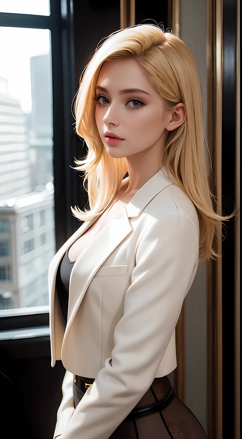 European and American women, A fashion model, Wear a cropped blazer, Glamour, paparazzi taking pictures of her, Blonde hair, Brown eyes, 8K, High quality, Masterpiece, Best quality, HD, Extremely detailed, voluminetric lighting, Photorealistic
