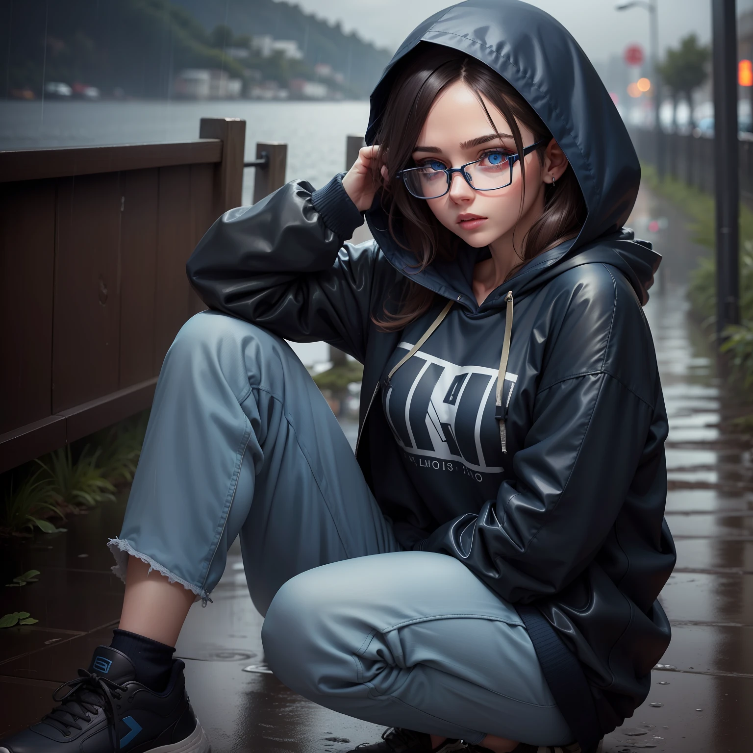 1 girl, blue eyes, glasses, mature face, dark blue hoody, mouth open, knee pants, bluesea hair, outdoor, rainy day, realistic, ultra detailing