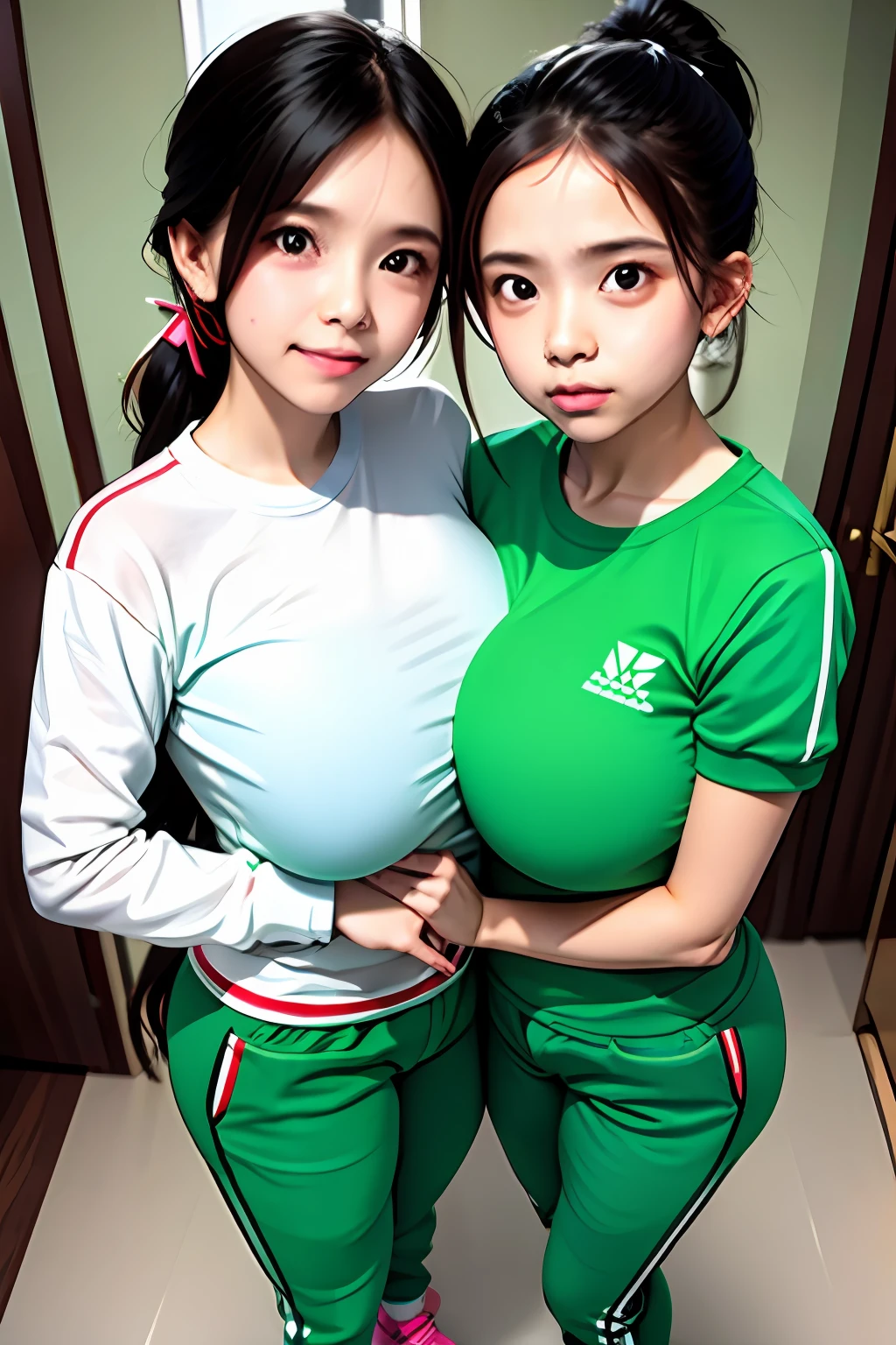 Two very young s hugging each other,(The girl's hand was in her clothes.),Ponytail braid,Wear green tracksuits,(Extremely huge super swollen breasts, Z-cup breasts.)