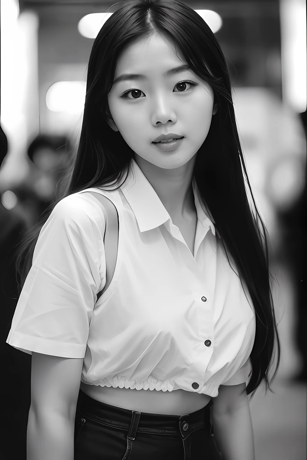 Photo of a Beautiful Korean kpop idol Woman, Summer, Lustful, film grain, Ilford HP5, 80mm