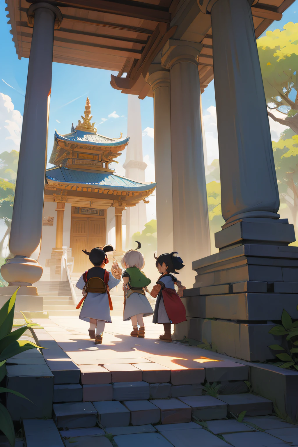 Three Heroes stand in front of a temple with a Sage in the side cartoon version , infantil, desenho animado , for kids , simples, desenho