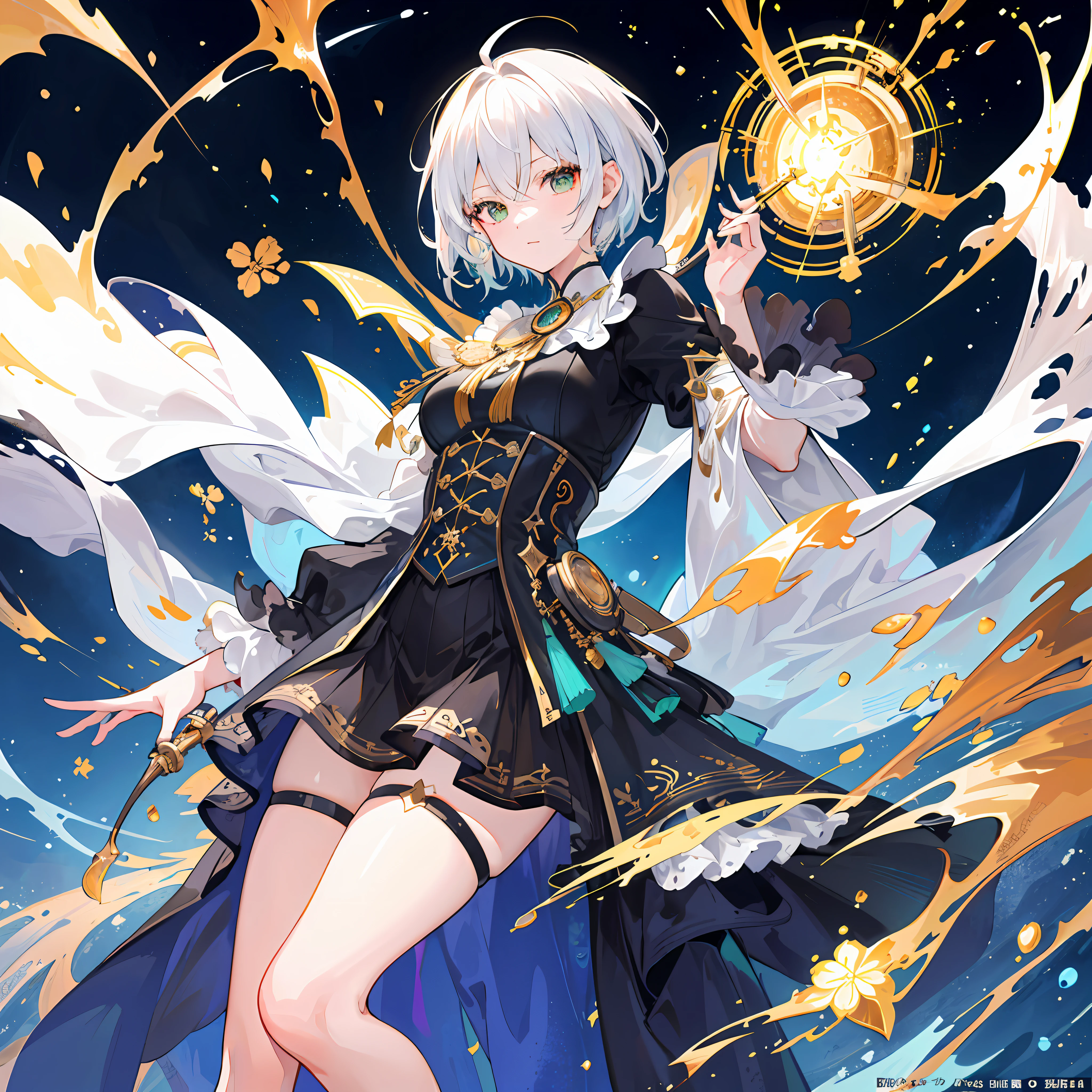 ((ultra - detailed)),((illustration)),((tmasterpiece)),(((Need))),((美丽细致的眼睛)),(the Extremely Detailed CG Unity 8K Wallpapers,best qualtiy,tmasterpiece),((4K,tmasterpiece,best qualtiy)),The girl with short white hair held a pitch-black scepter in her backhand,He held a handful of golden straw in his left hand,There is green liquid on the clothes,Alchemist,monocle,steam style,Black and gold high heels,Whole body diagram