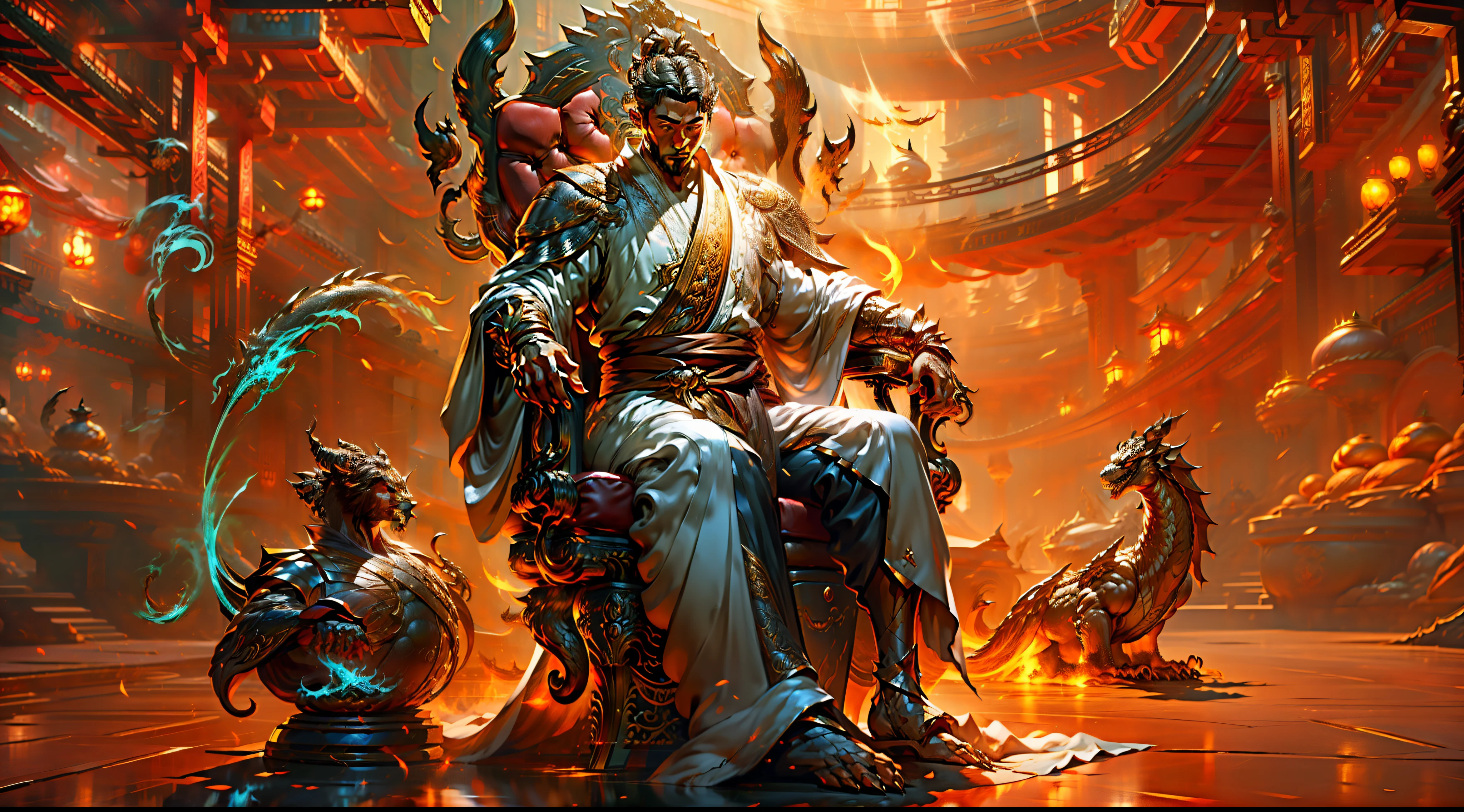 Masterpiece, best quality, extremely detailed CG unified 8k wallpaper, painting, brush, full body, separated, animated art, super fine silhouette, fantasy art, a man wearing a dragon robe, golden dragon robe, sitting on the throne of a dragon chair, gorgeous chair in gold