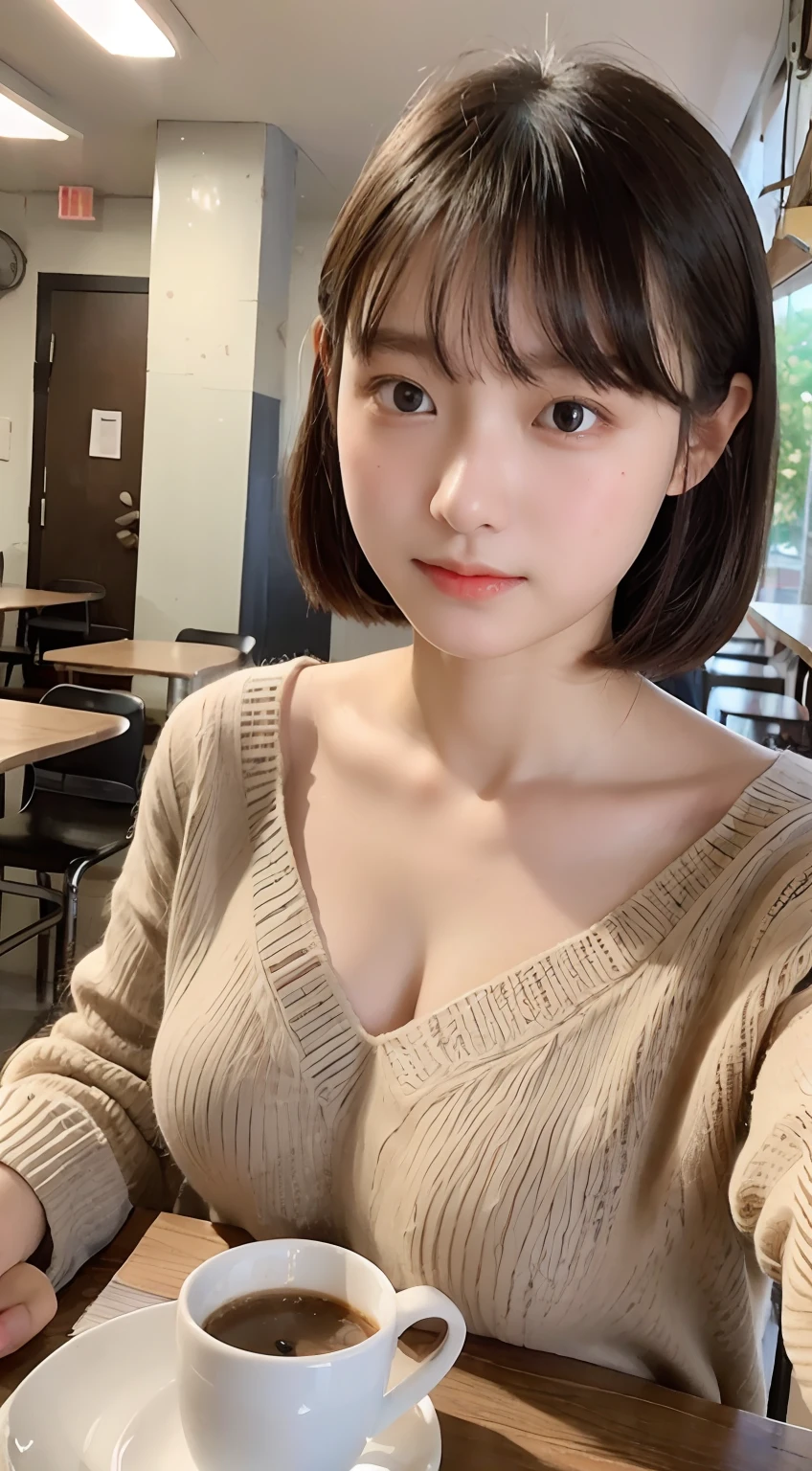  with too big, studying in a café, 15 years old, super breastmilk, soft, sweat, short hair, knitted V neck