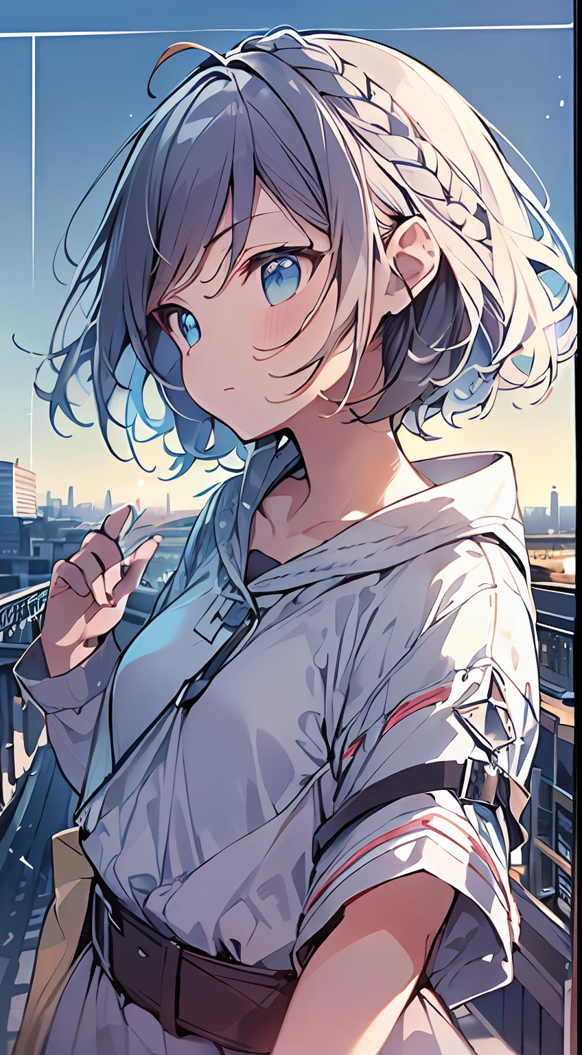 masutepiece, Best Quality,Illustration, Wallpaper, Ultra Detail, absurderes, 1loli, Solo, (Medium short hair、short braided hair), Beautiful detailed eyes , (Street), luminous sky,(a panoramic view:1.3),(Sense of depth:1.5)