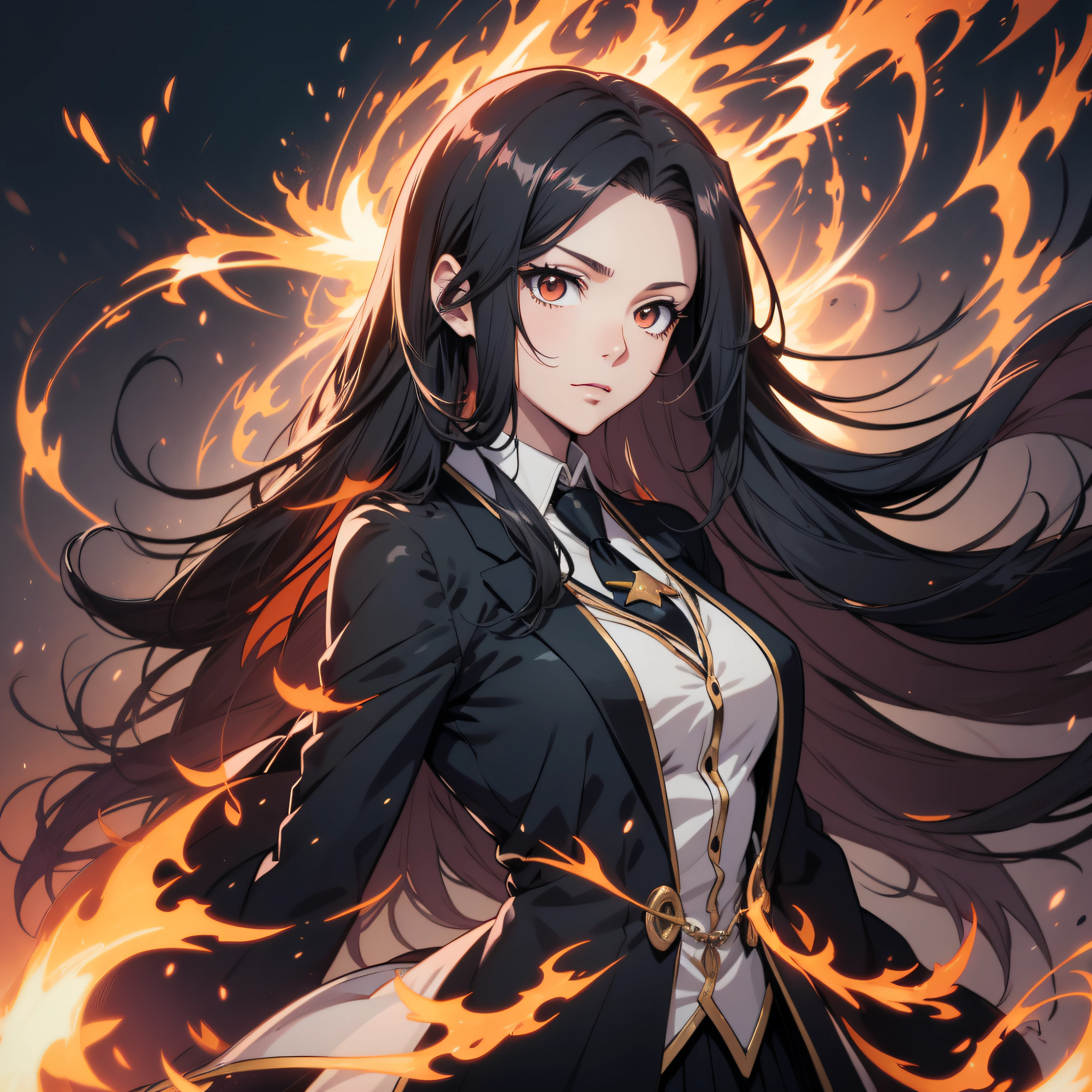 (ultra-detailed, perfect pixel, highrest, best quality), 20 years old Anime girl, smooth anime artstyle, long raven hair, slightly wavy hair, parted bangs, black hair, Magus, red orange eyes, long black coat, white shirt, neckwear, black skirt, aristocrat, noble attire, beautiful, ethereal, elegant, prestigious, dark forest background, particle effect, fire flame, lightning, magic light, magic sword, standing, half body