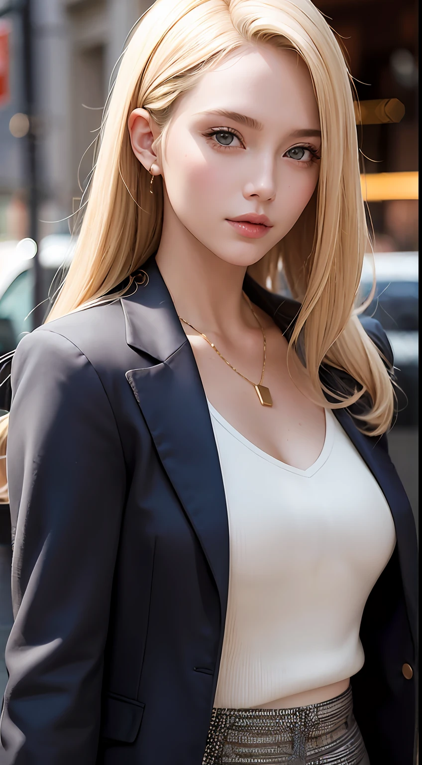 European and American women, A fashion model, Wear a cropped blazer, Glamour, paparazzi taking pictures of her, Blonde hair, Brown eyes, 8K, High quality, Masterpiece, Best quality, HD, Extremely detailed, voluminetric lighting, Photorealistic