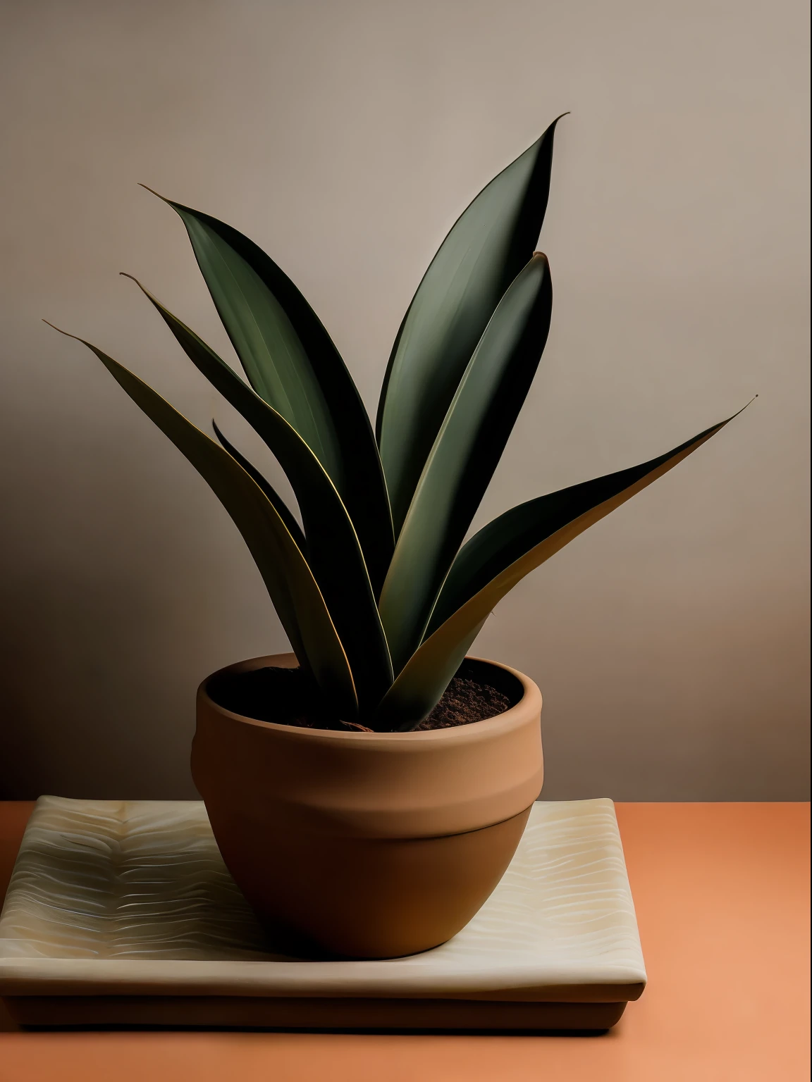 A clay pot with a Sanseveria plant inside