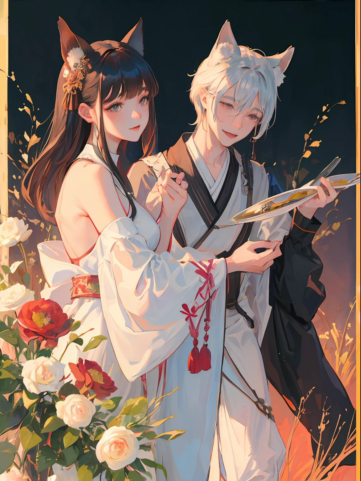 ((4K、masterpiece、top-quality))、(Two men smiling face to face)、Gray-haired man with beautiful fox ears、Strong man with black hair with wolf ears、ink and watercolor painting、Traditional Chinese Ink Painting、lotuses、Hanfu、Maxi Kit、Dress conservatively、Animal ears,、bule、florals、Lots of flowers nearby、shenron、extra detailed face