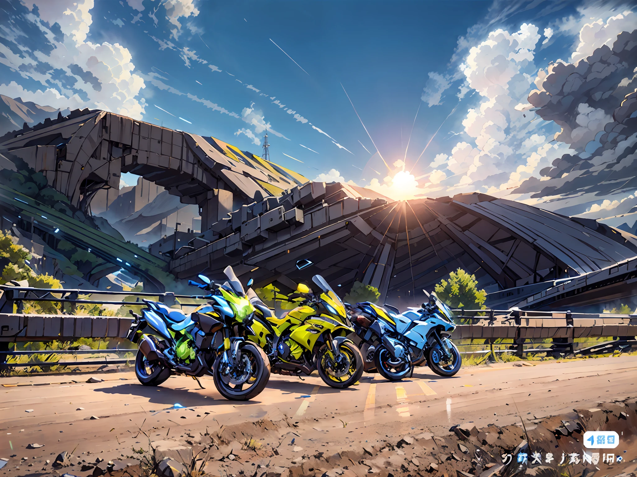 Four locomotives in motion,On the road,Sporty,blue-sky,,Tech Style,Black and white body,Fluorescent yellow embellishment